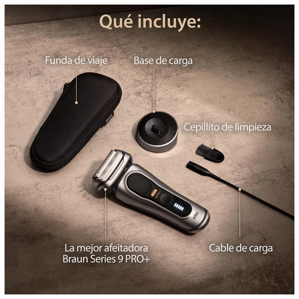 Braun Series 9 Pro+ Afeitadora Eléctrica Hombre, Máquina de Afeitar Barba con Base de Carga Y Funda de Viaje, en Seco Y en Mojado, 60 Min de Autonomía, 9517S, Plata