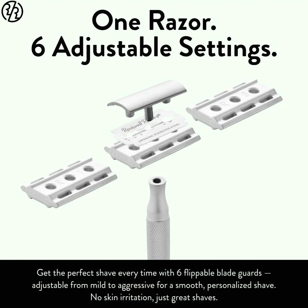 Rockwell Razors 6S Stainless Steel Adjustable Double Edge Safety Razor with 5 Swedish Blades