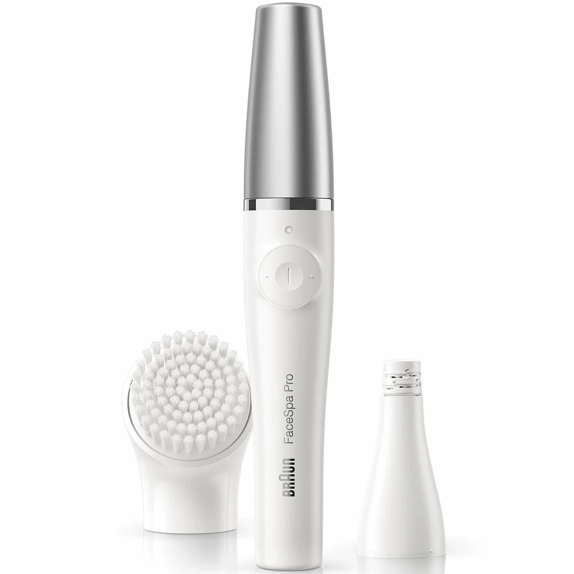 Braun FaceSpa Pro Beauty Set con depiladora facial para mujer, cepillo de limpieza facial, accesorio para depilación y limpieza, regalo mujer, SE910, color blanco/plateado
