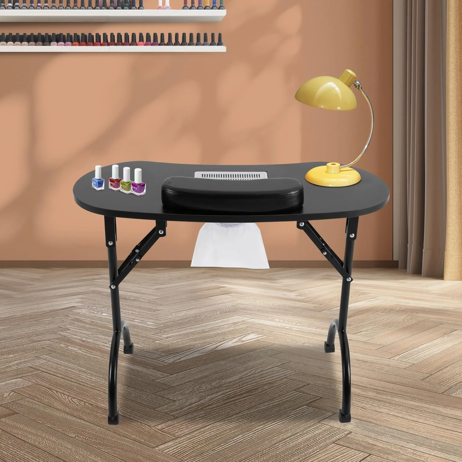 Mesa de manicura plegable con aspiración, mesa de manicura portátil con ruedas y cojín para la muñeca, mesa de manicura portátil para corte de cabello, cosmética y cuidado de uñas