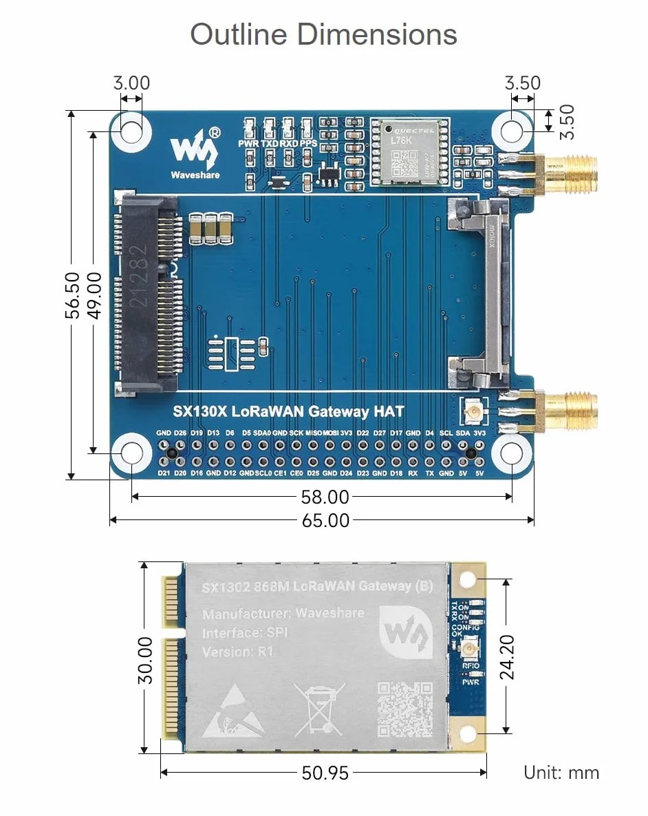 Waveshare SX1302 868M LoRaWAN Gateway Hat for Raspberry Pi L76K Module Mini-PCIe Socket Long Range Multi-Band