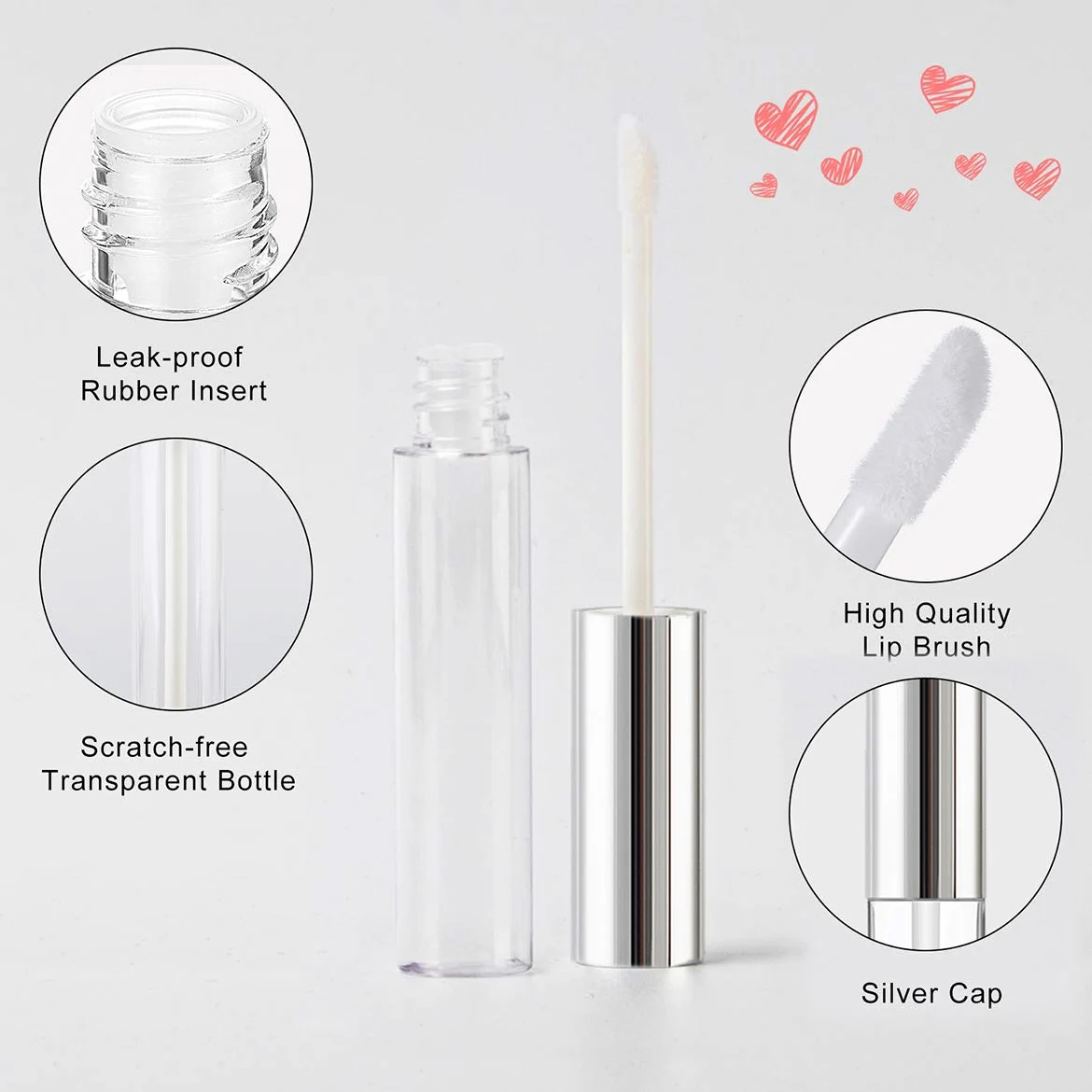 GTHERGTHER 10 contenedores vacíos de brillo de labios, 10 ml, tapa negra, aplicador, varita y embudo y tapones de goma para maquillaje de labios, rellenables., , , Plateado,, ]