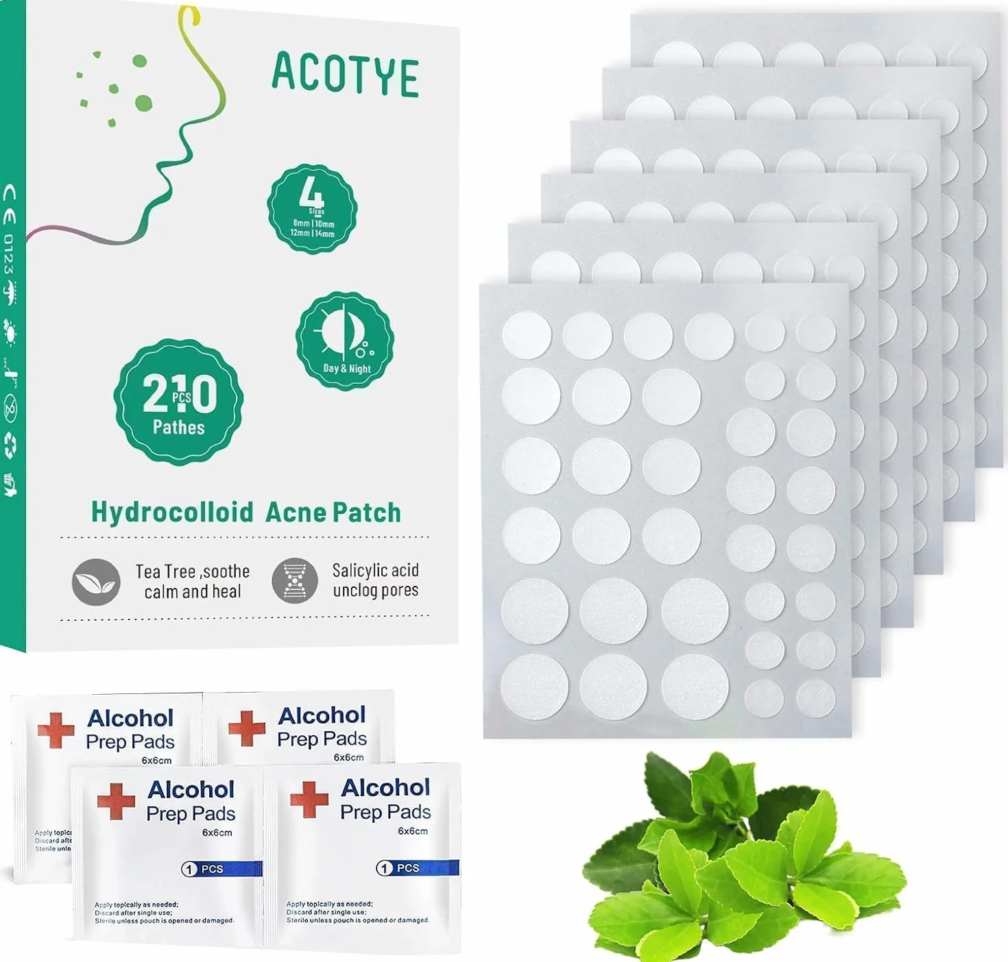 ACOTYE Parches antiespinillas hidrocoloide 210 unidades ácido salicílico niacinamida aceite de árbol de té 4 tamaños 8-14 mm