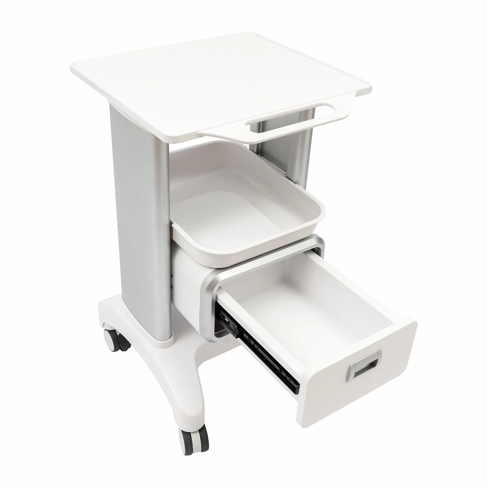 Carro médico de ABS con 1 cajón y 2 estantes, capacidad de carga de 100 kg, 4 ruedas universales (2 con freno), 76 cm de alto, carrito de servicio móvil para clínicas, consultas, salones y clases