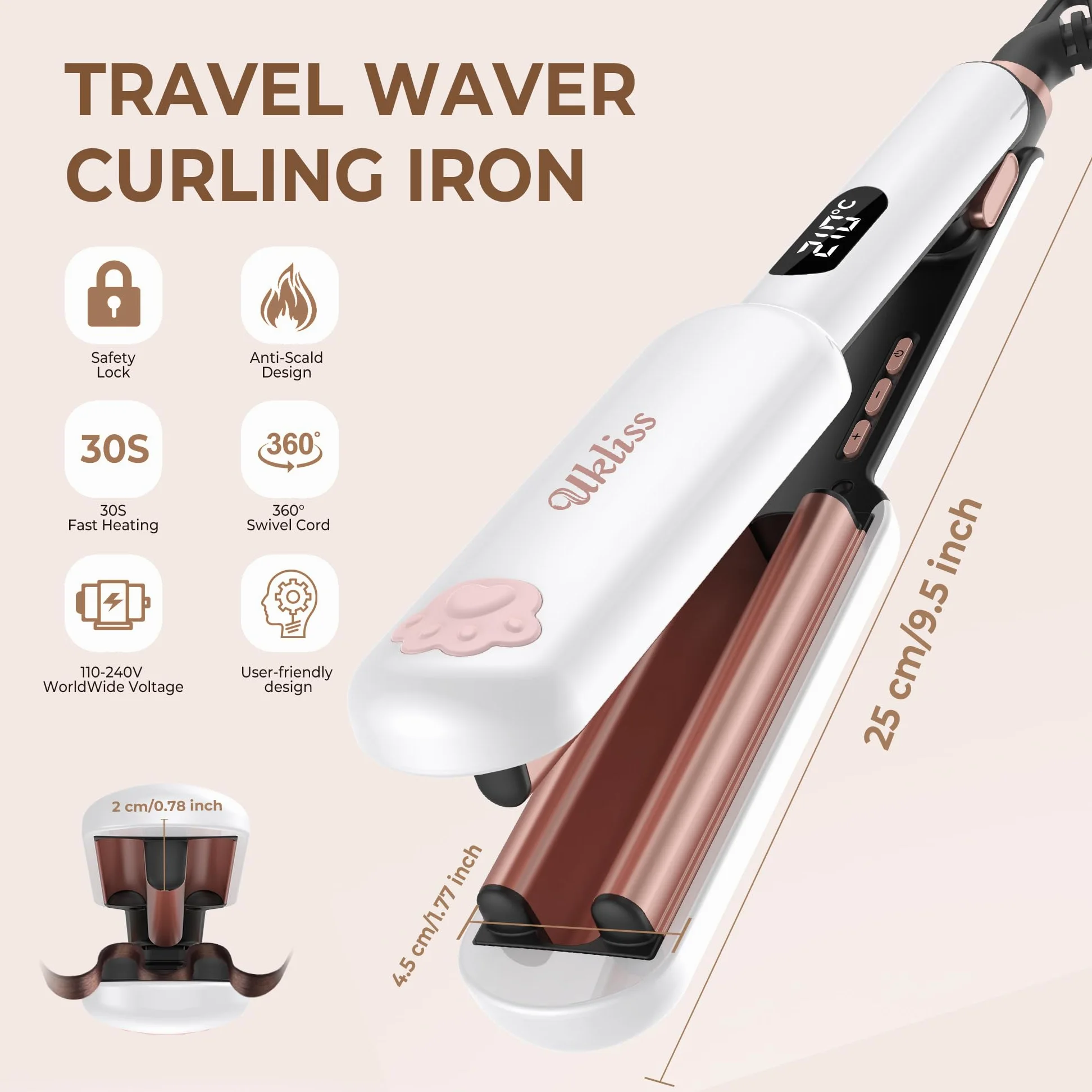 UKLISS Plancha ondulada, Pro Mini plancha ondulada para cabello, rizador de pelo grande, adecuado para principiantes, pantalla LCD [130-210℃], con alfombrilla de aislamiento térmico, guantes y bolsa