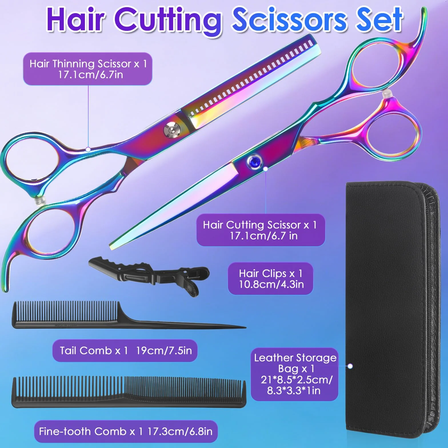 Lictin Tijeras de Peluquería Profesional Acero Inoxidable 6.7" Kit 4 en 1 con Peine y Caja