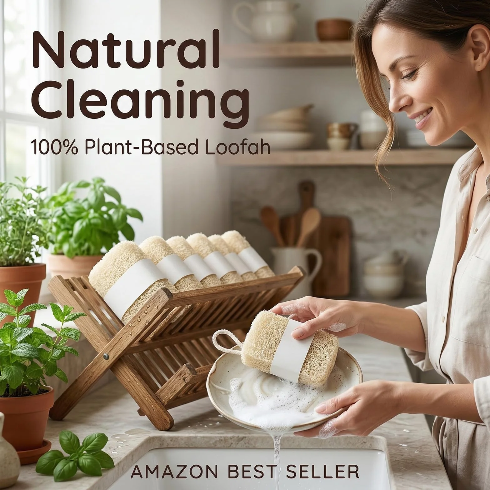 Esponjas de Luffa Orgánicas Naturales, Compostables para Cocina y Limpieza, 6 Piezas