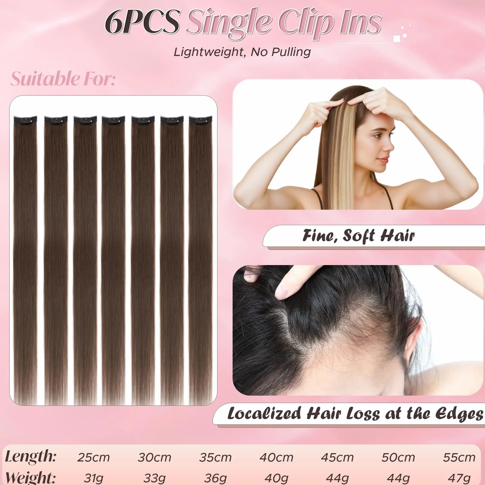 Extensiones de Pelo Natural Clip 25cm Liso Hair Extensions Human Hair #02 Marrón Oscuro 31g 6 Piezas
