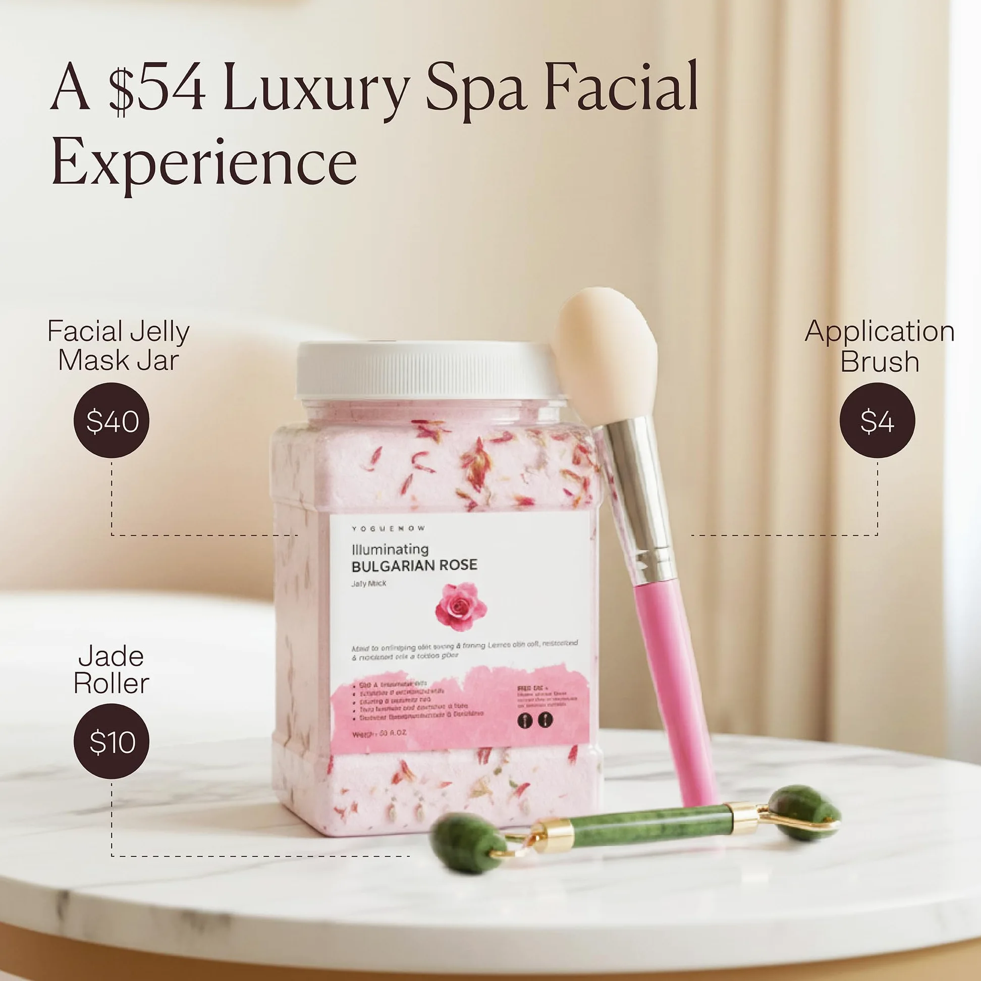 VogueNow Mascarilla facial de gelatina para tratamientos faciales - Mascarilla de gelatina hidratante, iluminadora y nutritiva de rosa búlgara con rodillo de jade y espátula gratis (Juego de 3 piezas)