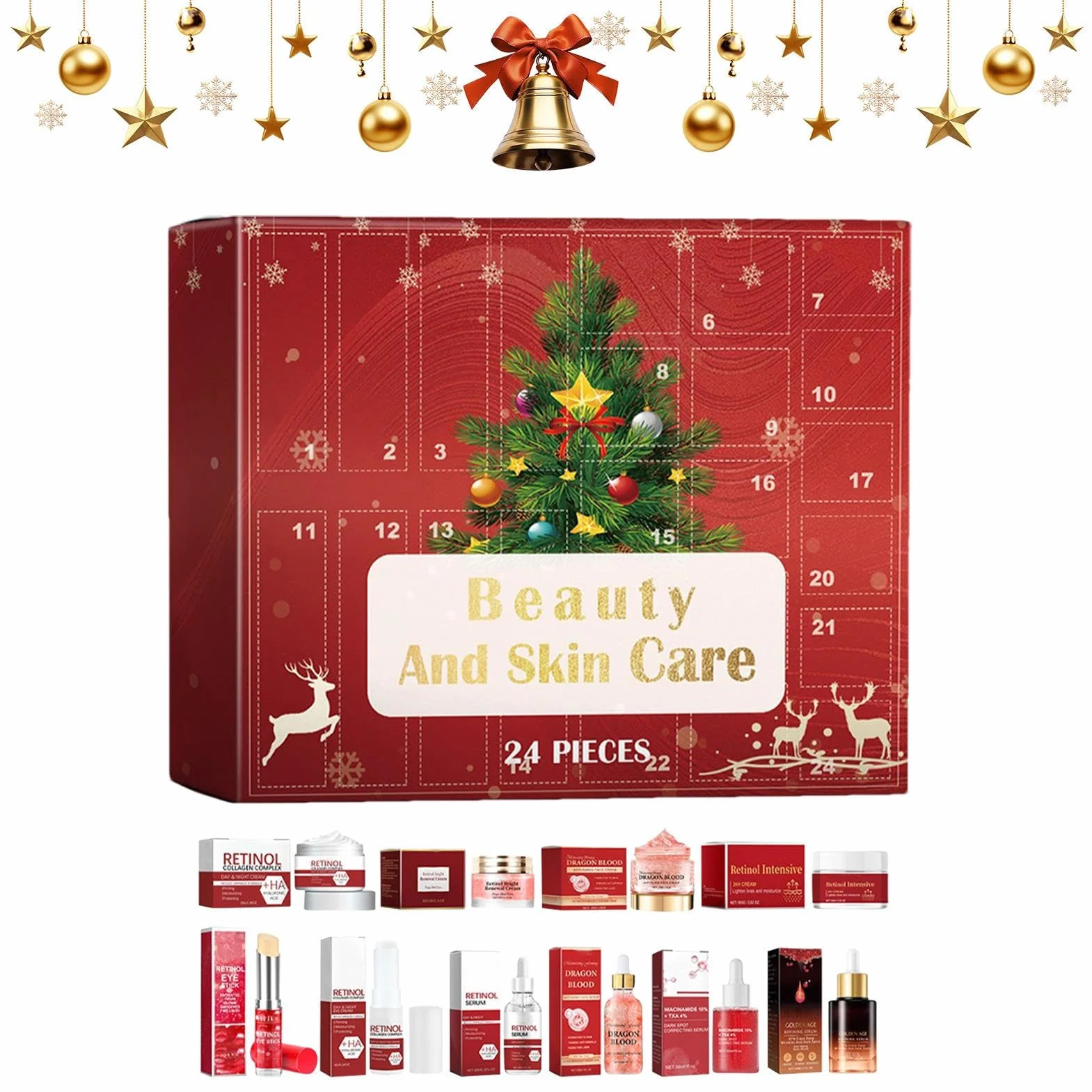 Calendario de Navidad de Adviento – Kit de crema facial para el cuidado de | la piel, juego de belleza navideña para baño diario y rutina corporal, regalo para mujeres y hombres, cumpleaños, Navidad