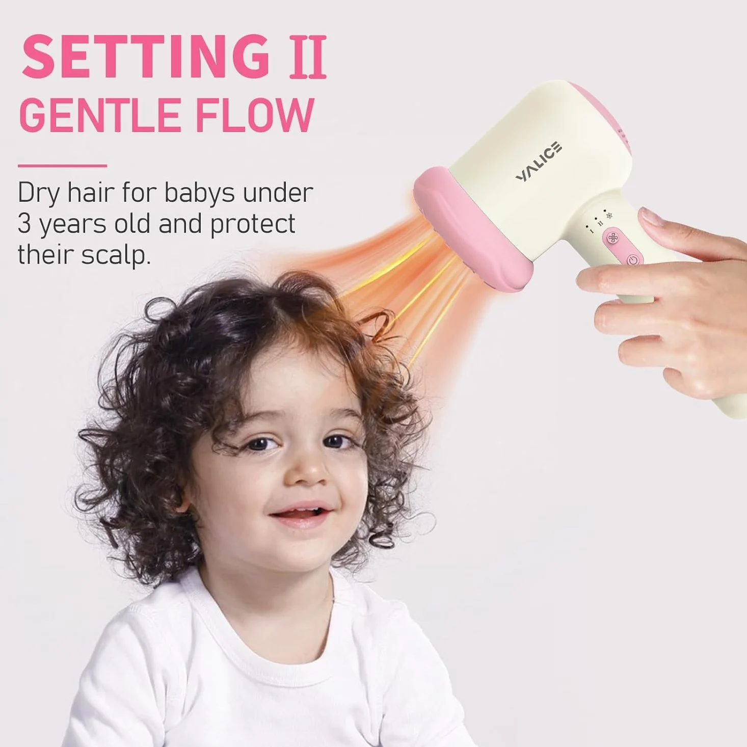 Secador de pelo inalámbrico para bebé, mini secador de pelo para niños, recargable, bajo ruido, calor suave para la piel de los glúteos del bebé con 3 ajustes de velocidad, 0-3 años de uso (rosa)