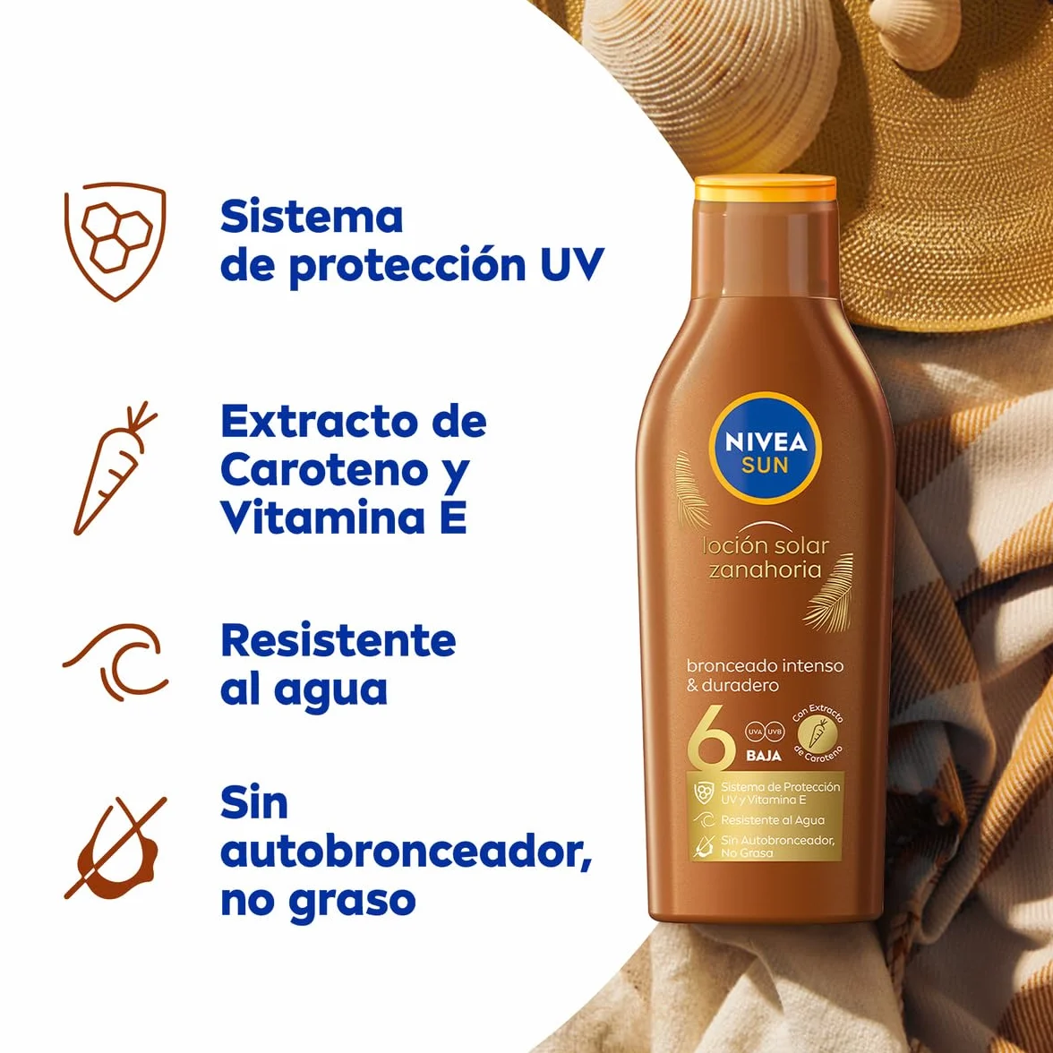 NIVEA SUN Leche Solar Zanahoria FP6 200 ml Protector Solar Hidratante Resistente al Agua Crema Bronceadora