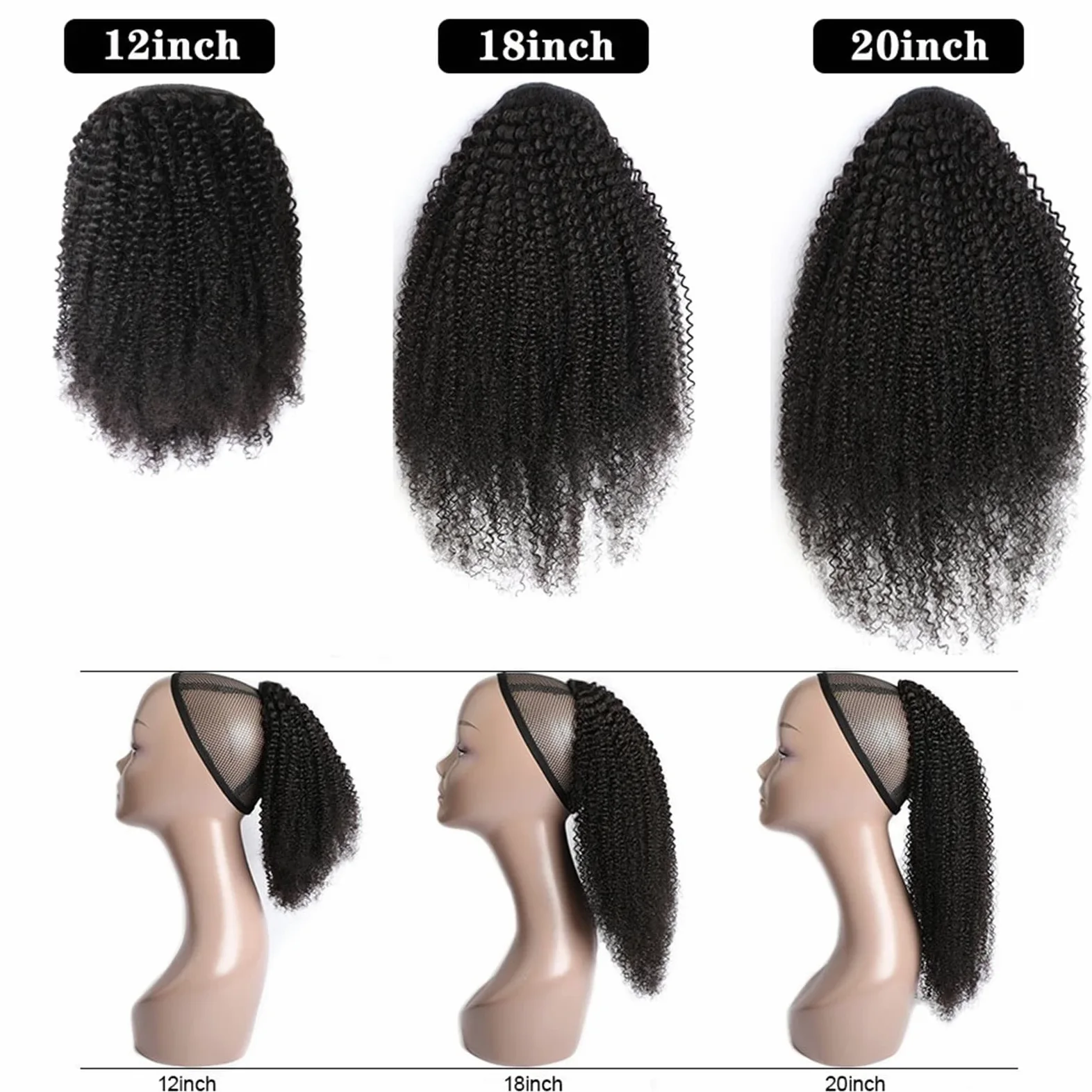 Piezas de Pelo de Moño Para mujer 1 paquete de extensión de cola de caballo con cordón ondulado rizado, horquilla brasileña, peluca de cola de caballo, moño de cola de caballo con cordón negro Natural