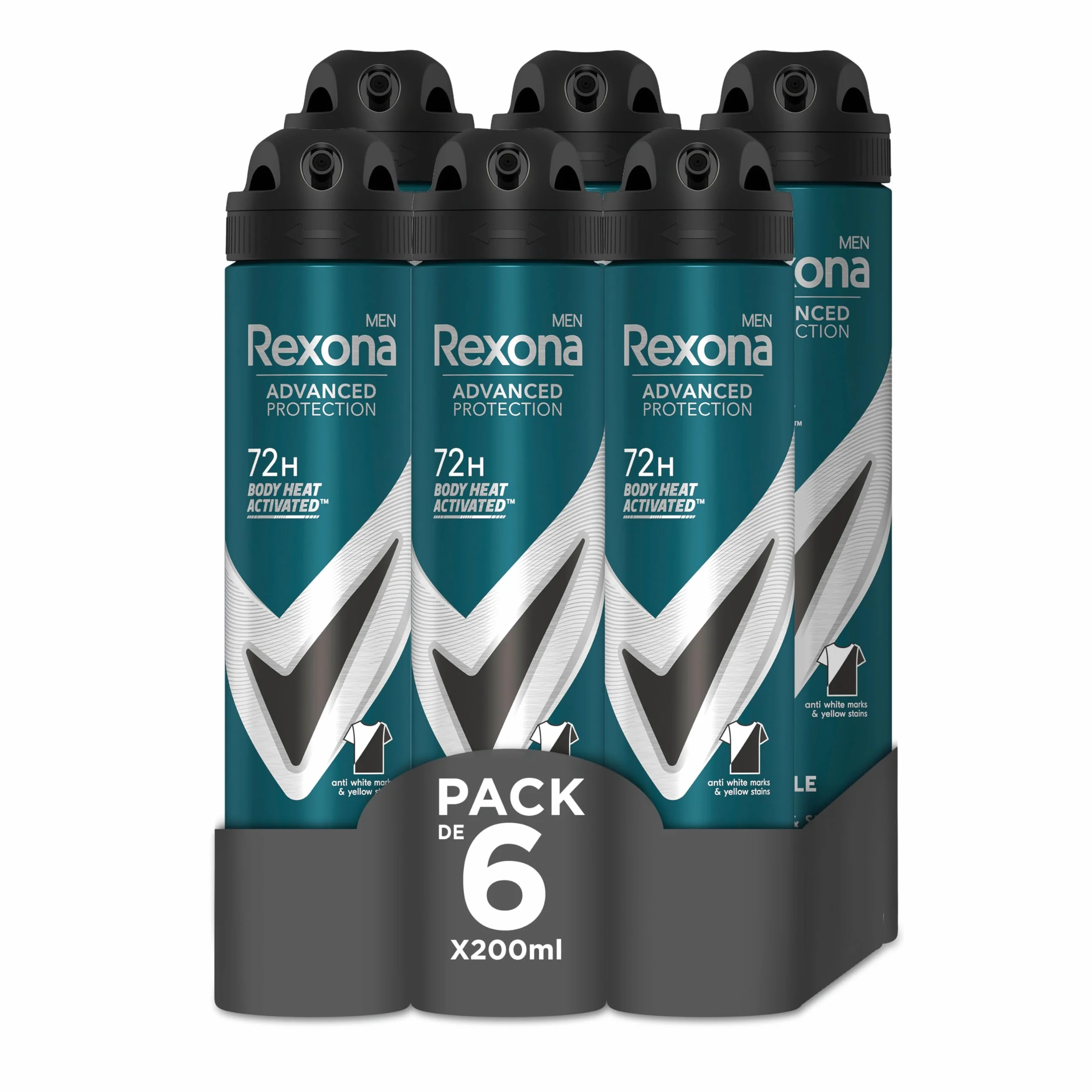 Rexona Desodorante Aerosol Protección Avanzada 72h Invisible Black & White Antitranspirante 200ml Pack de 6