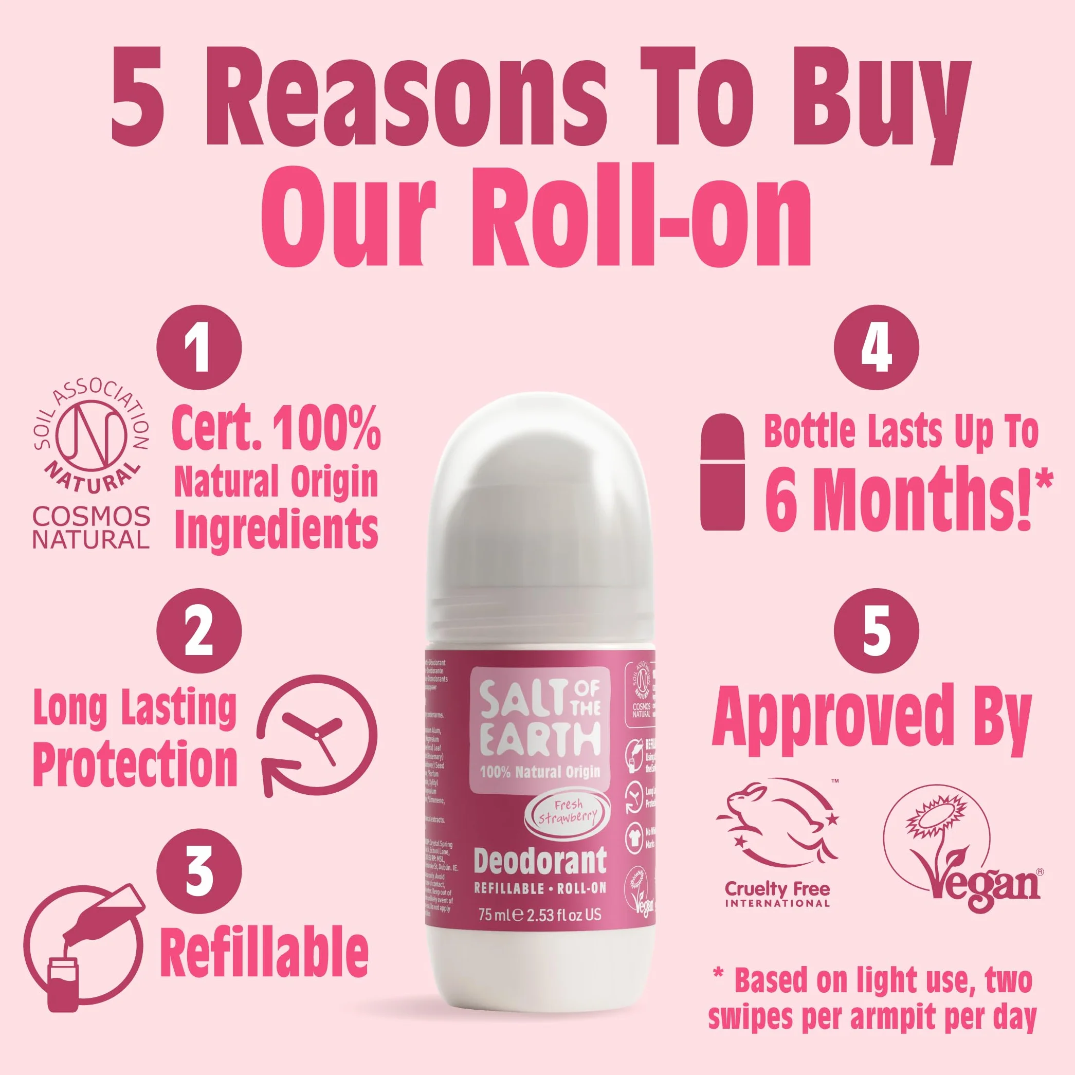 Desodorante natural en roll-on Salt Of the Earth Fresa dulce Recargable vegano 75ml