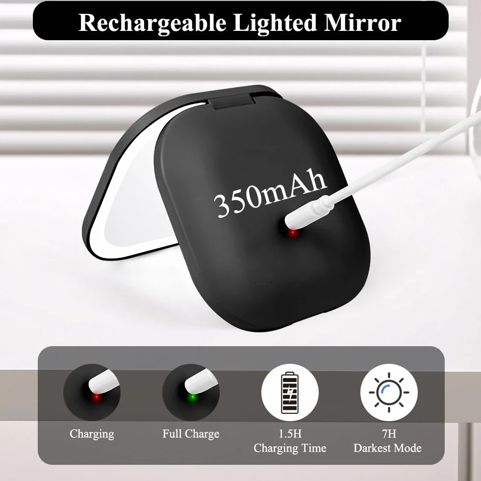 HOTUT Espejo de Maquillaje de Doble Cara 3X/1X Aumento Pequeño de Bolsillo Viaje Luz Regulable Negro