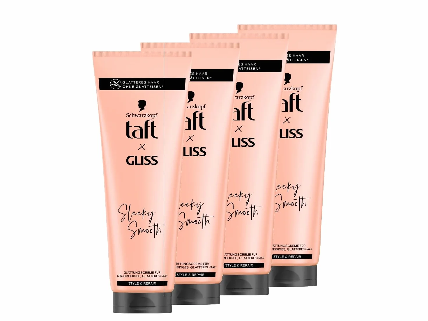 Taft Crema alisadora Gliss Sleeky Smooth 4 x 150 ml, crema de peinado para cabello liso sin plancha, protección contra secador y antiencrespamiento