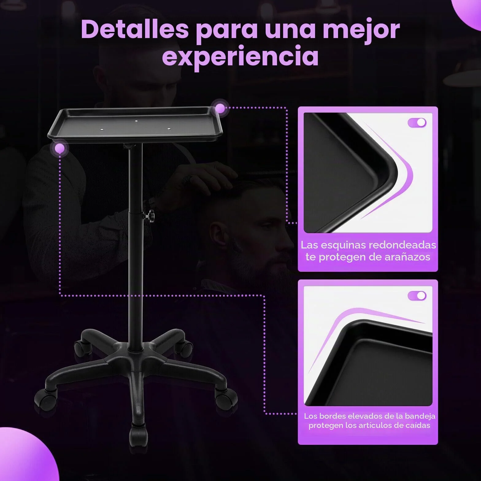Carro de aluminio para tatuadores con ruedas, altura ajustable (Negro)