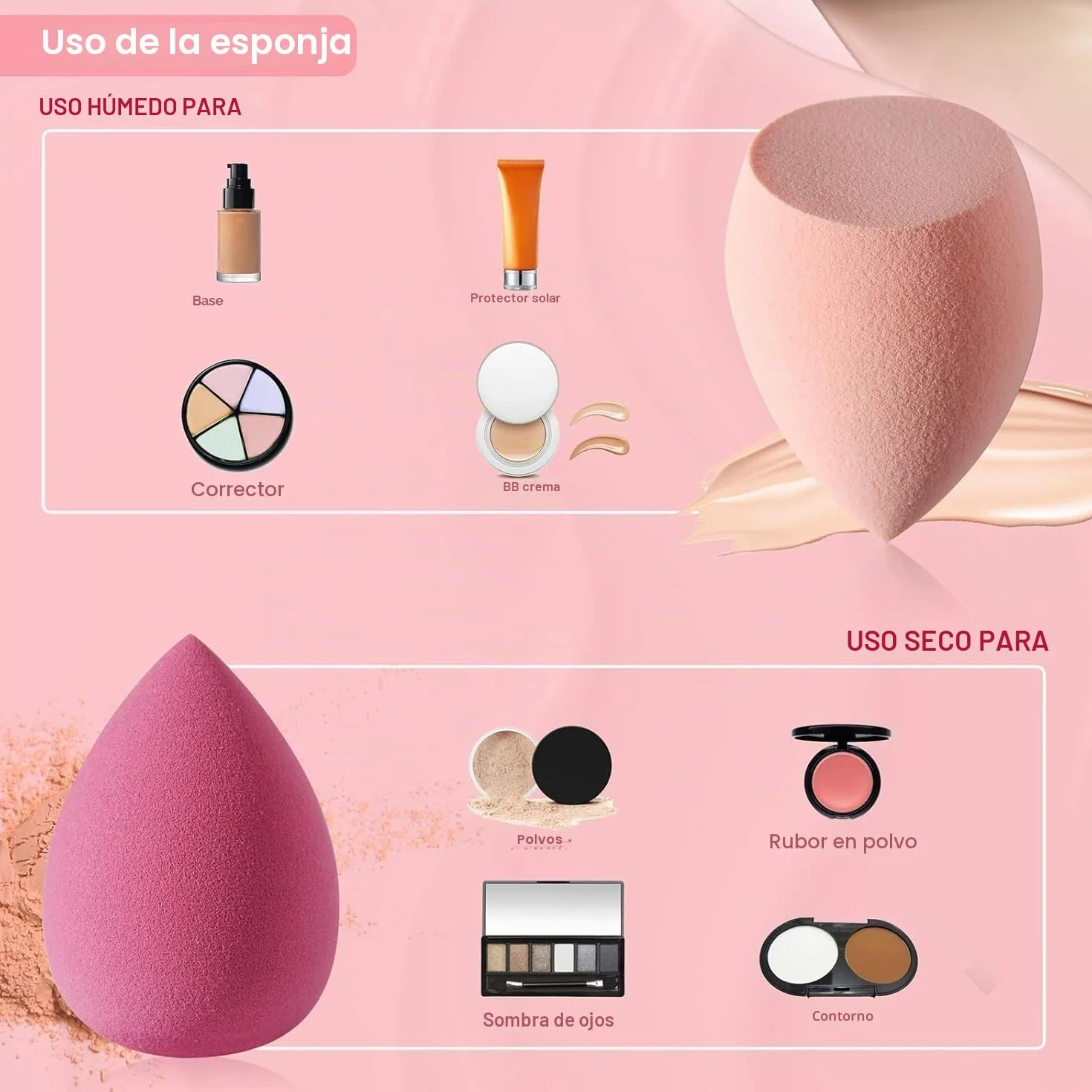 Juego de 4 esponjas de maquillaje para base, sin látex, con estuche