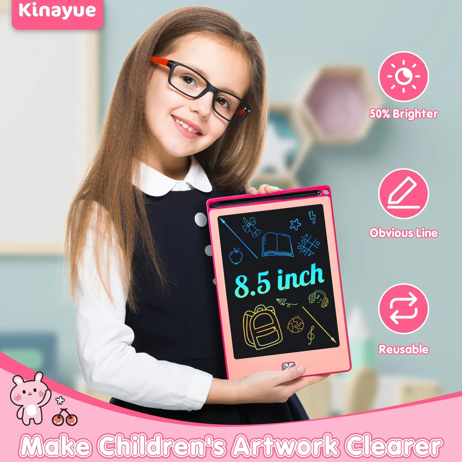 Tableta Escritura Niños LCD 8,5 Pulgadas, Tablet Dibujo Reutilizable, Juguete Educativo Rosa