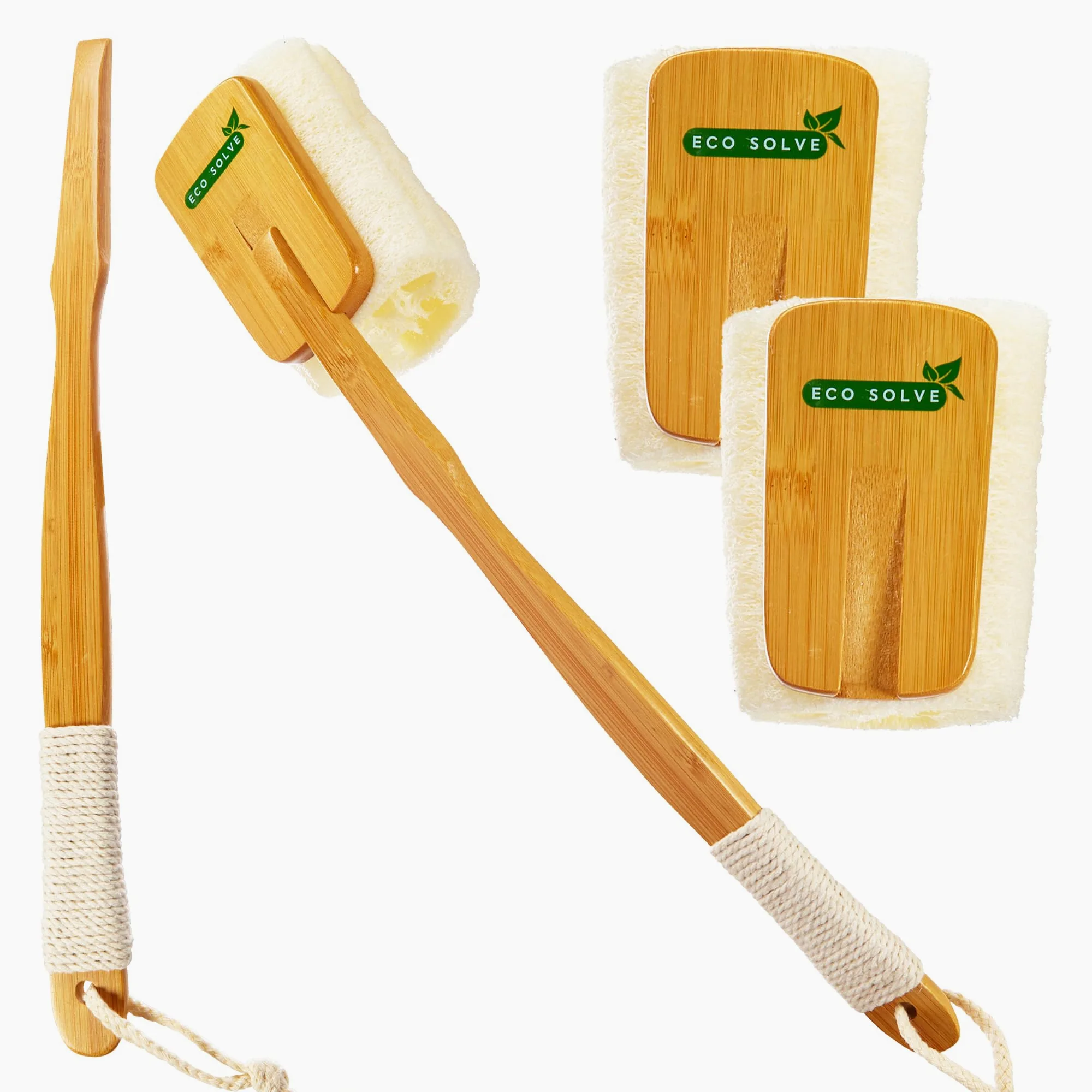 Estropajo de ducha de lufa natural con mango de bambú extraíble, exfoliación suave, mango ergonómico largo con agarre de cuerda de cáñamo, esponja extra incluida para lavado cercano, sin