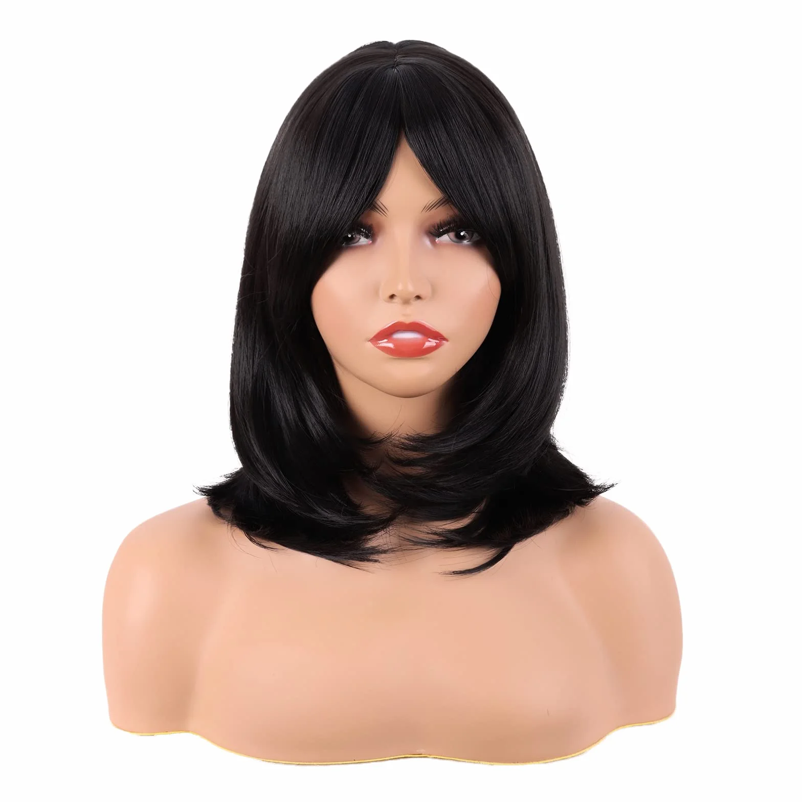 MapofBeauty 18 Pulgadas /45 cm Medio Largo Pelucas Sintéticas Con Flequillo Lacio Cabello (Negro)