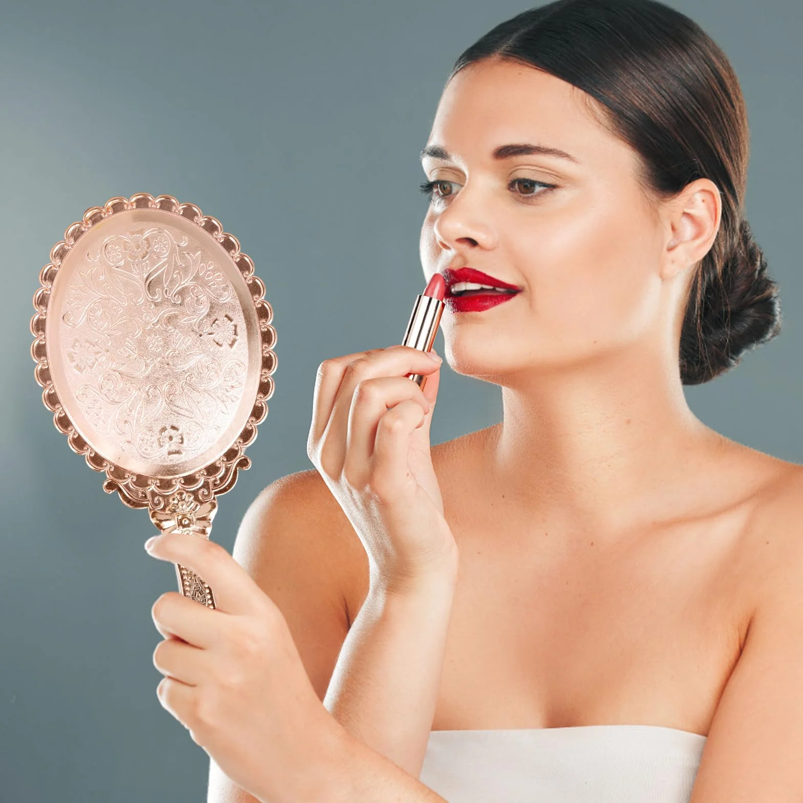 Espejo de Bolsillo Vintage, Espejo de Mano, Espejo de Maquillaje (Oro Rosa)