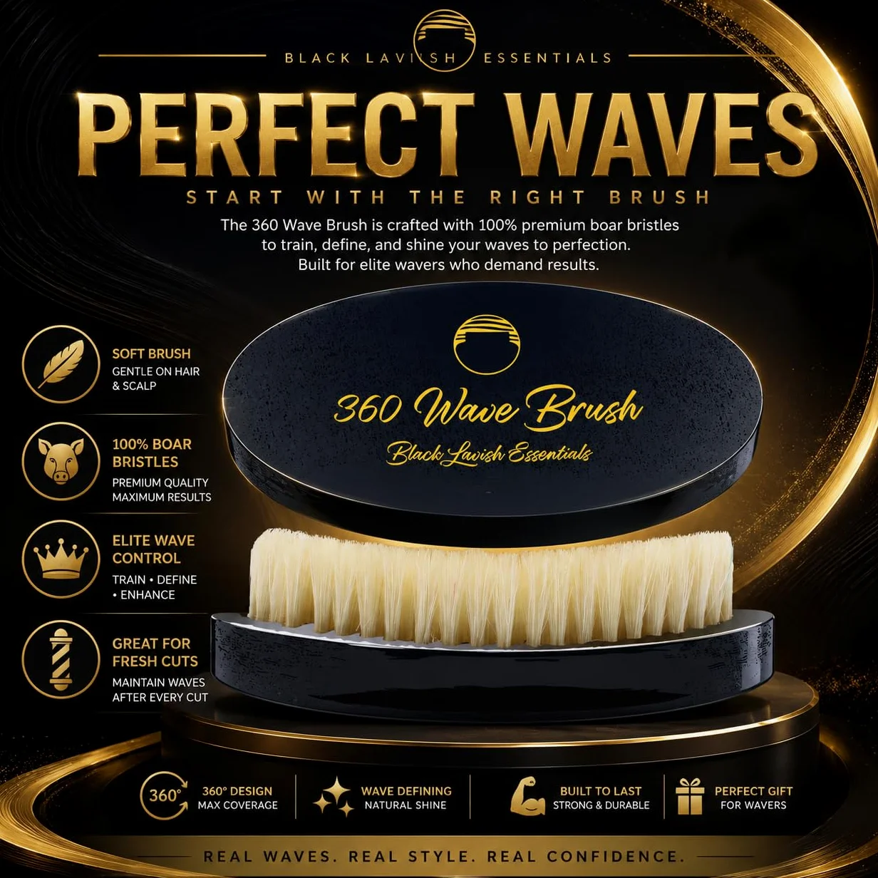 Cepillo ondulado 360, crea ondas más profundas, cerdas de jabalí suaves y duras (negro, cepillo suave)