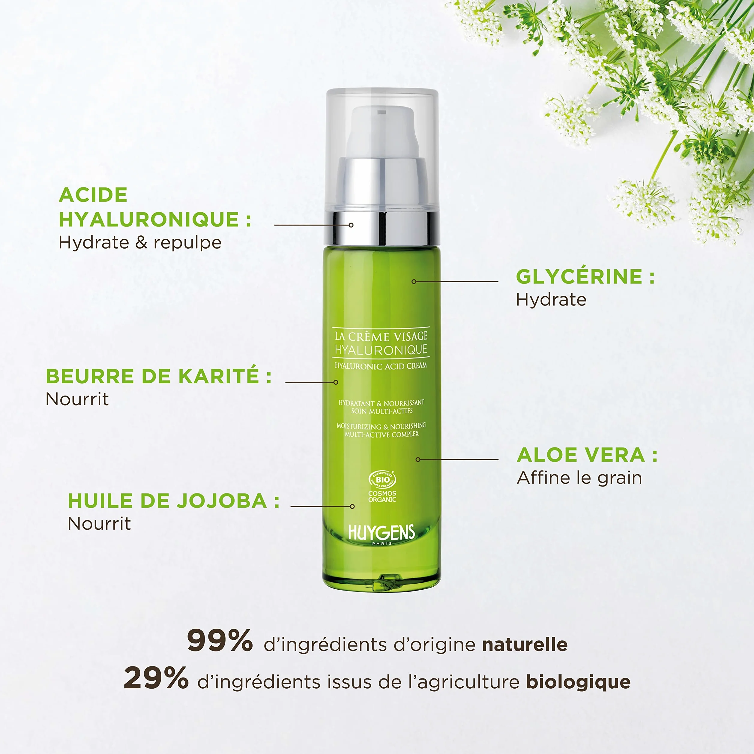 La Crema Hidratante – 100% Hidratación Inmediata – Crema de ácido hialurónico orgánico HUYGENS – Revitaliza y lisa – 50 ml – 100% natural – Made In France