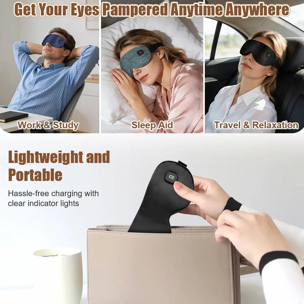 Antifaz para Dormir Calentado con Batería 1000mAh USB Control de Temperatura para Migraña y Sueño Negro