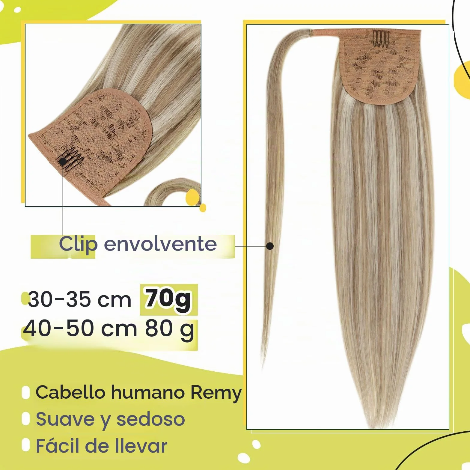 RUNATURE Extensiones Pelo Natural de Coleta Marron Claro con Rubia 30cm 70g Platino Extensiones Coleta Pelo Natural Liso #8P60