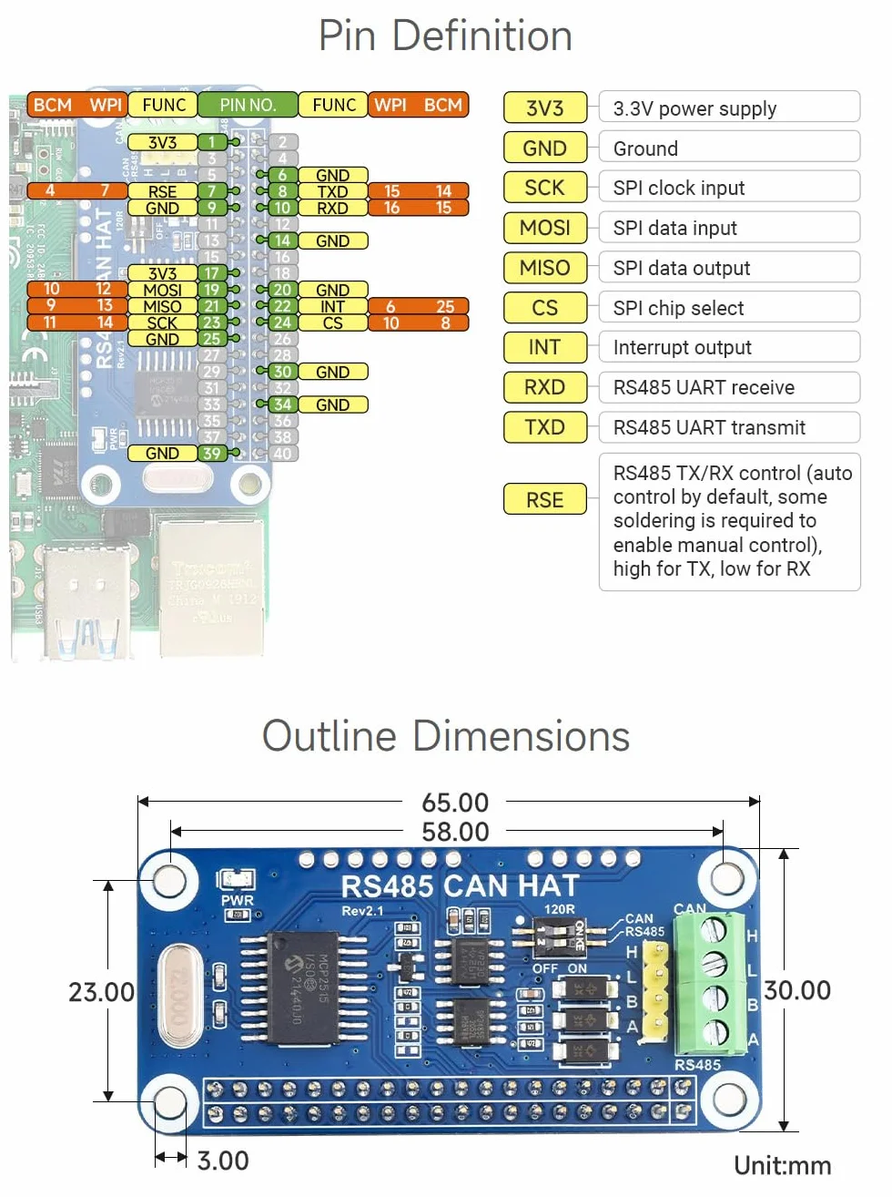 Waveshare RS485 CAN HAT for Raspberry Pi Zero/Zero W/Zero WH/2B/3B/3B+ Long Distance Communication