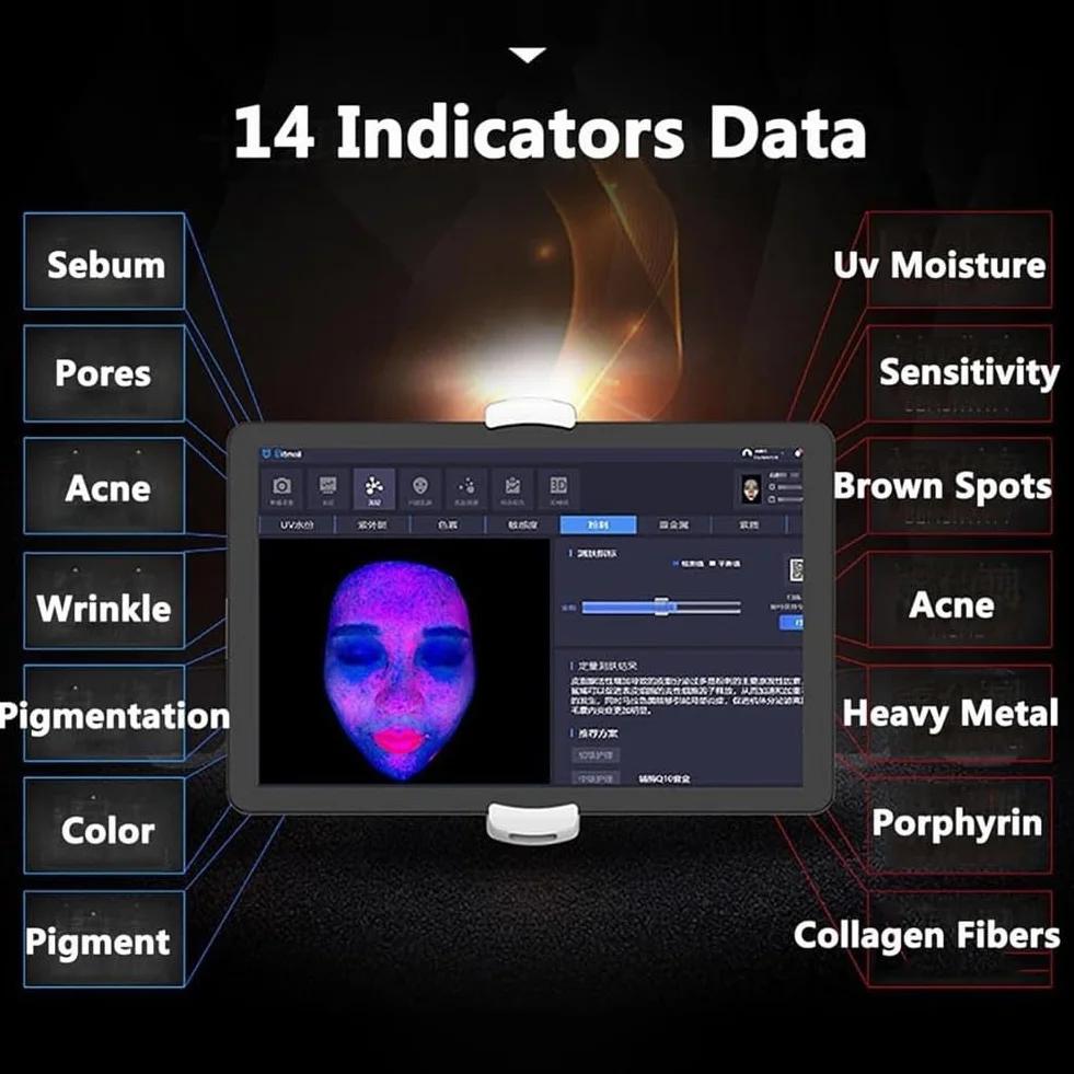 Analizador de Piel facial,Estación de Evaluación Epidérmica con Pantalla 21.5" - 8 Espectros,Análisis en 9 Dimensiones (Poros/Hidratación) nformes Personalizables para Uso Profesional‌,White