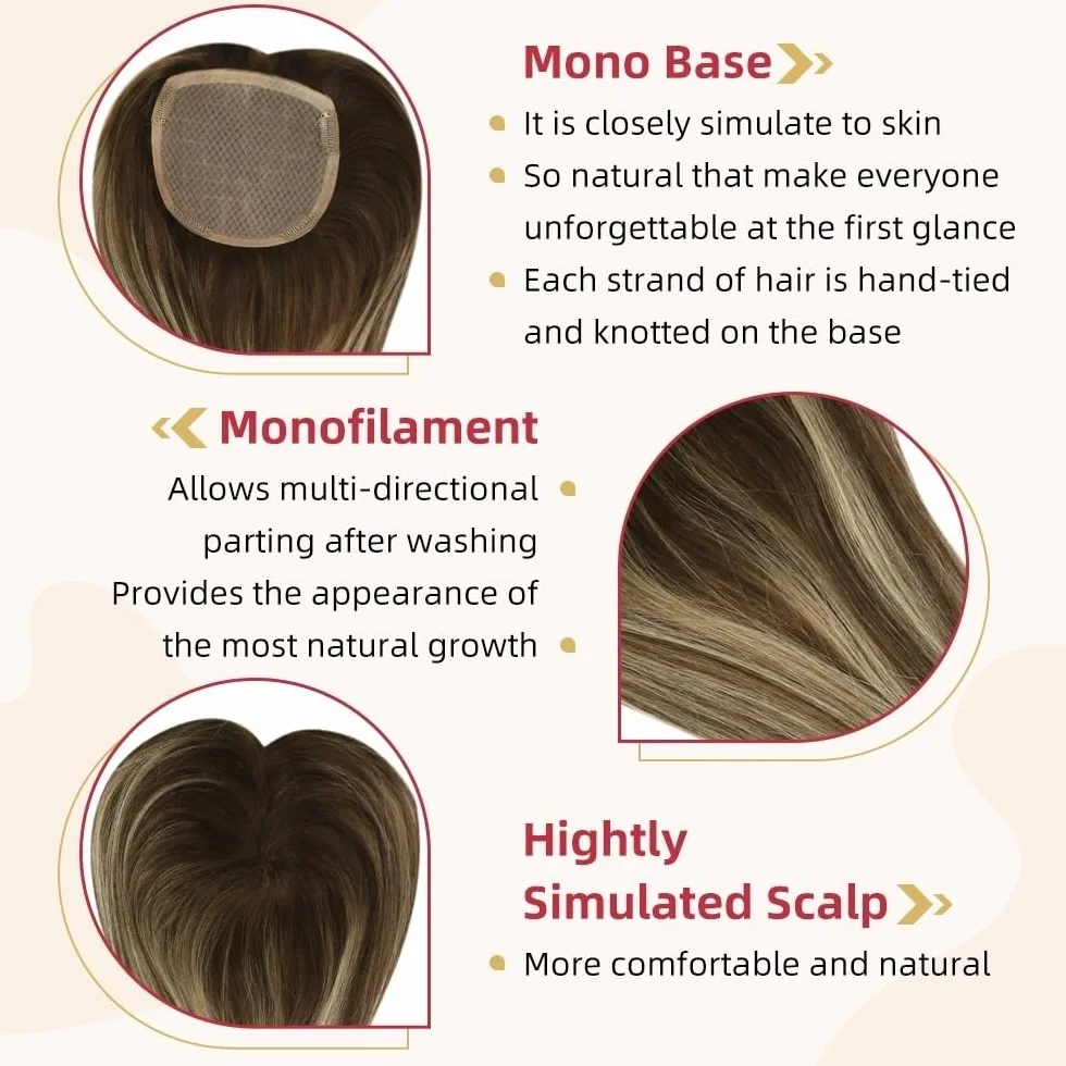 Natural Looking Hairpiece for Women, Postizos de cabello humano liso de 13 × 13 cm con cobertura de área grande, base monocromática, recubierto de PU, postizos de cabello Remy con clip, color marrón o