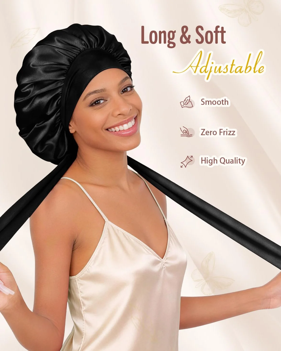 BONNET QUEEN Gorro de Seda para Dormir Ajustable Satin Pelo Rizado con Cintas Largo