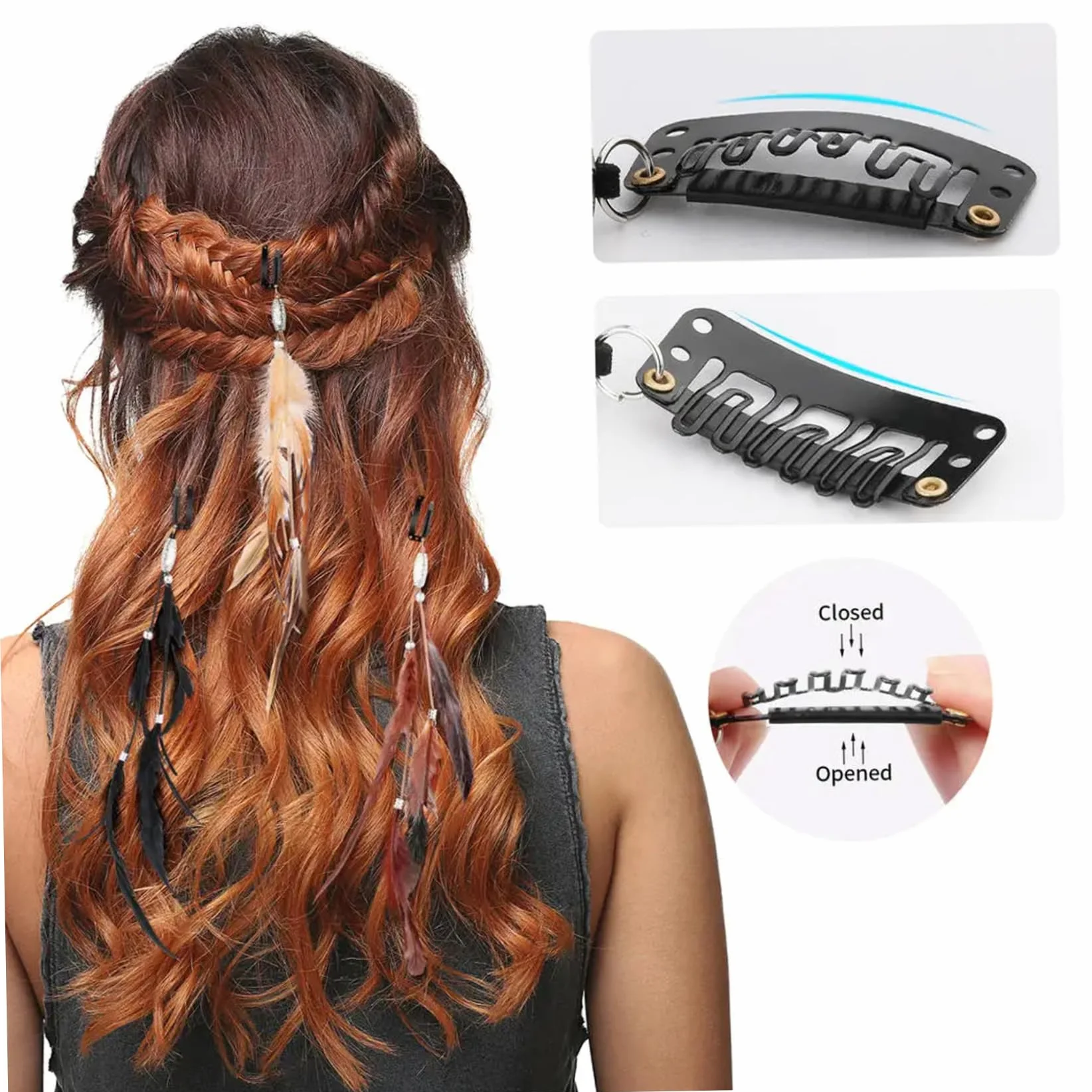 Kit de bricolaje Extensiones de plumas para cabello con cuentas trenzadas diseño llamativo para mujeres cosplay