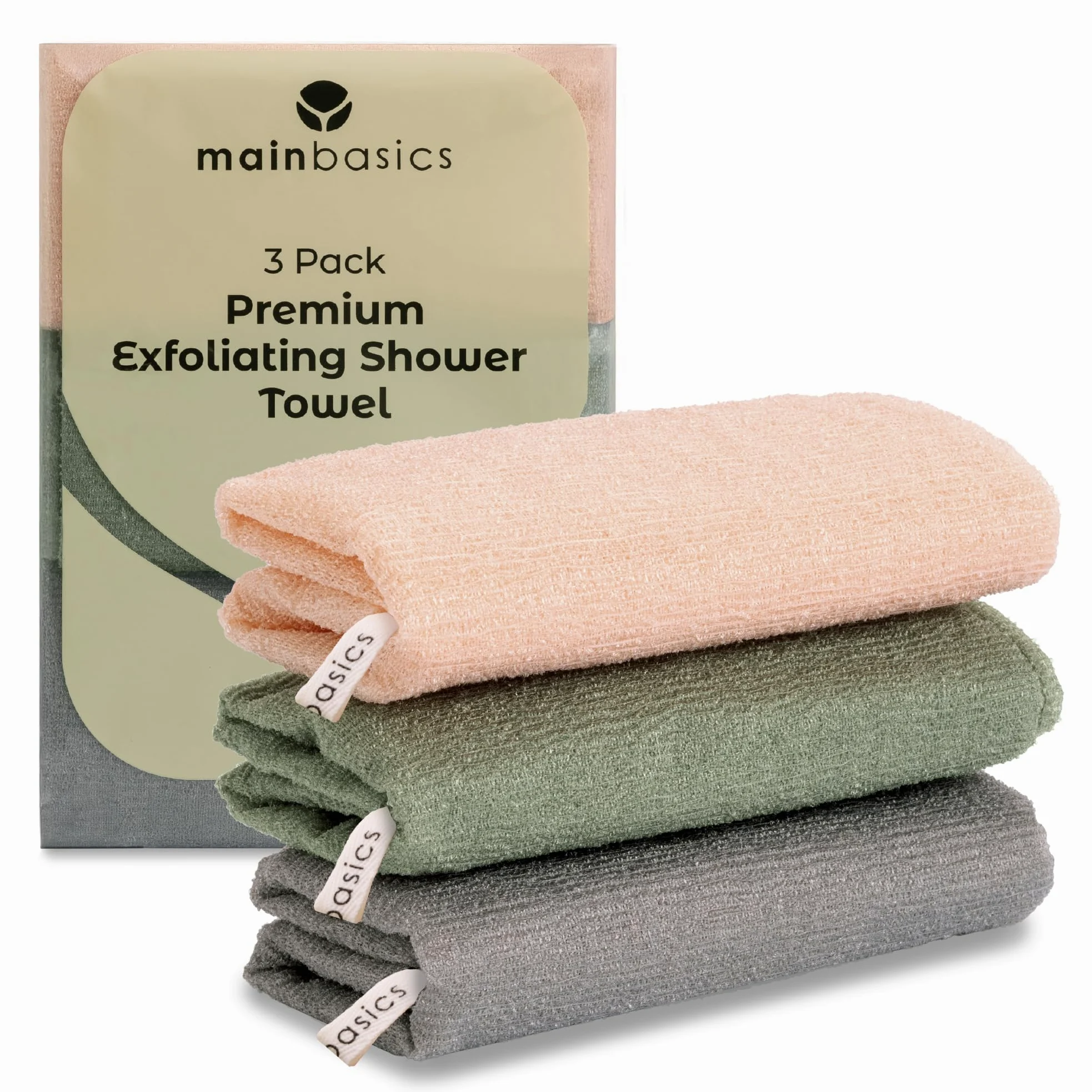 MainBasics Toalla de ducha exfoliante – Toalla de baño y paño corporal de nailon japonés, secado rápido, duradera, exfoliación media (juego de 3, Earthy Love)