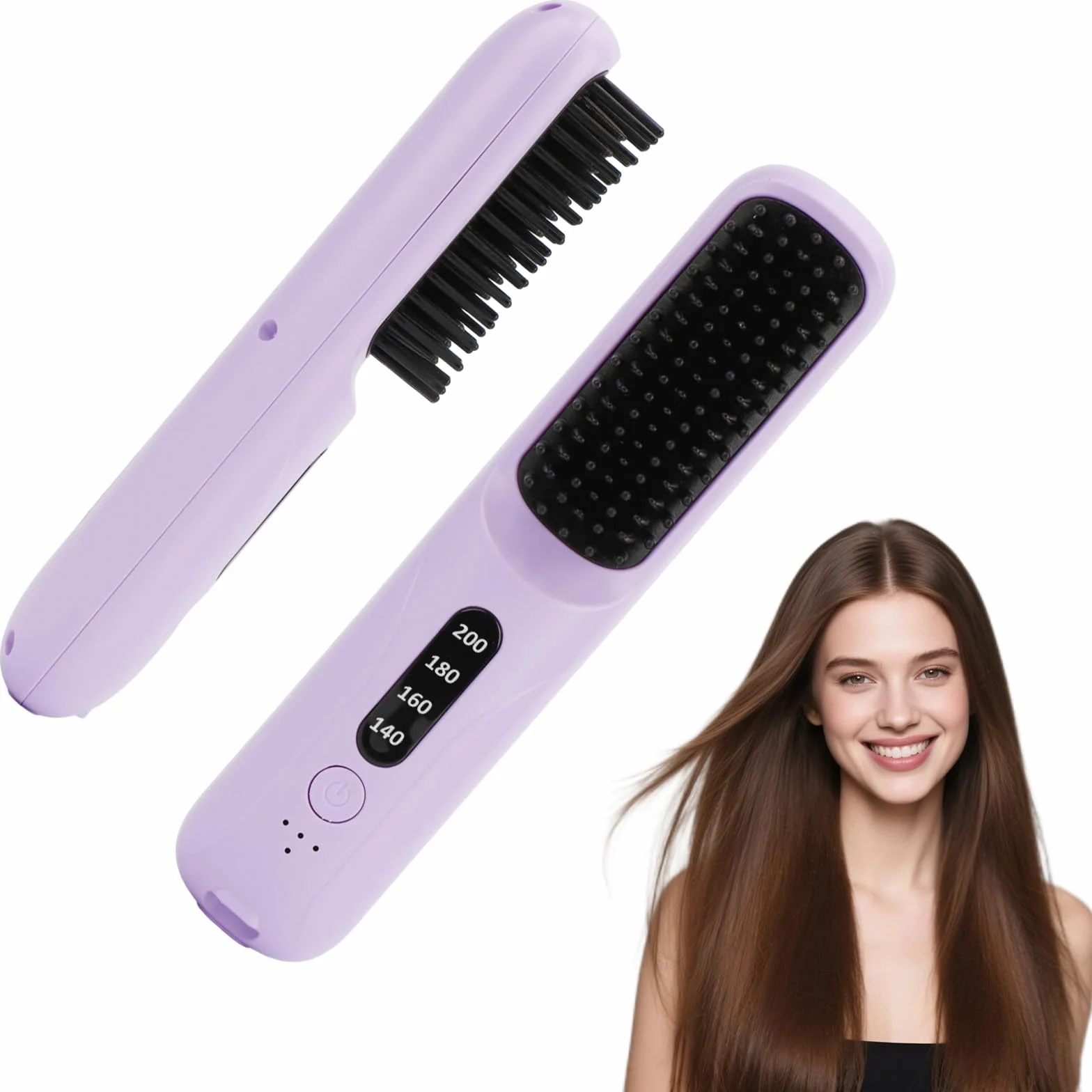 Cepillo Alisador Pelo Inalámbrico Recargable USB 4 Temperaturas 140-200°C Portátil Viaje Morado