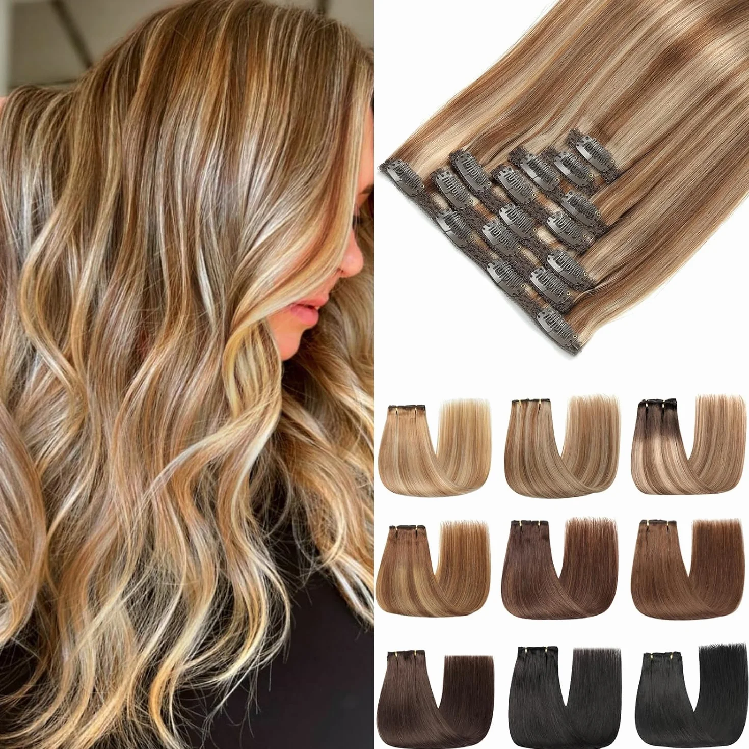 Extensiones de Pelo Natural Clip 60cm 120g 7pcs Human Hair Extension 24Inch