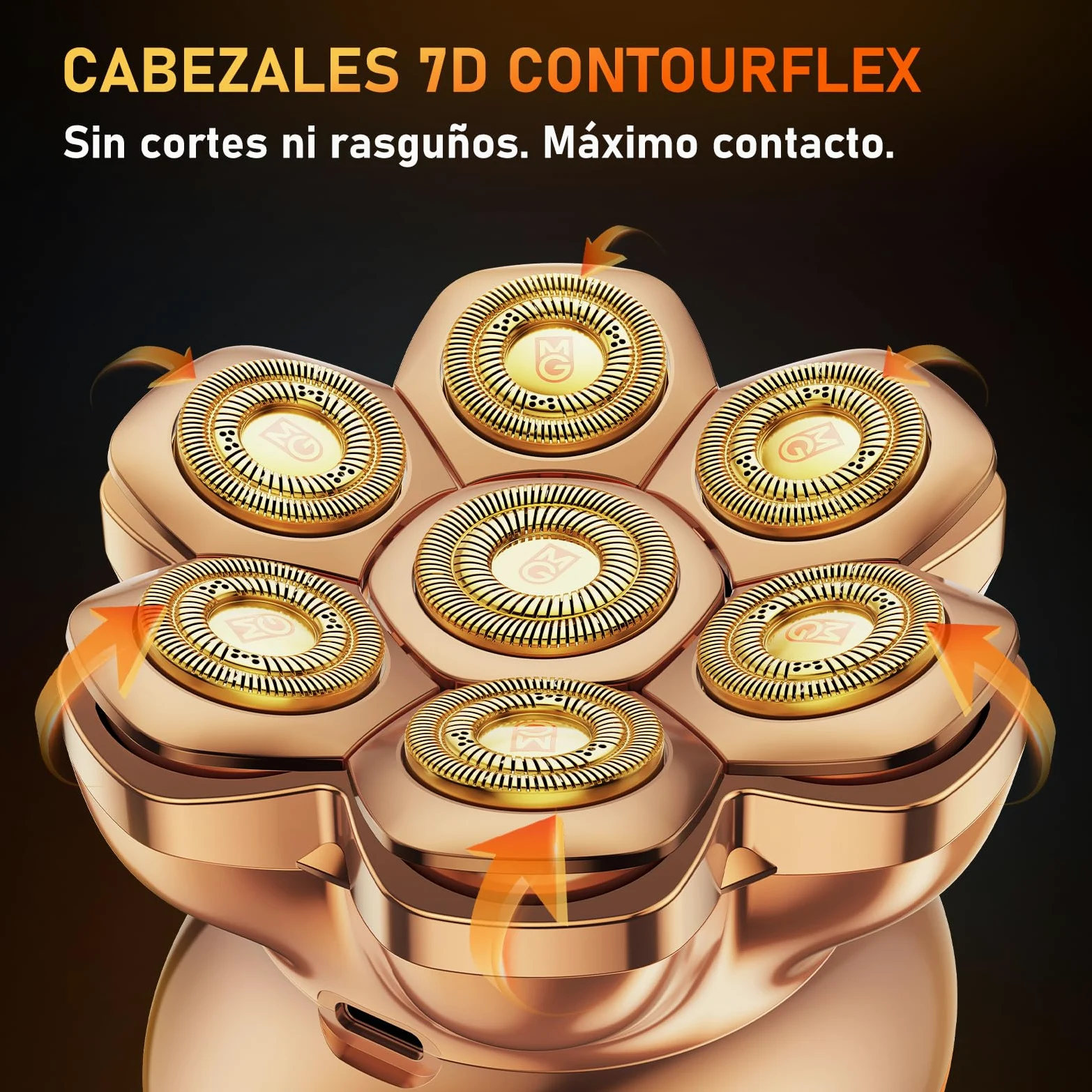 MAXGROOM Afeitadora Cabeza Hombre PRO, Maquina Afeitar Hombre, Afeitadora para Calva en Seco y Húmedo, 140 Mins de Uso, 7 Cabezales, Magnético, 100% impermeable, Dorado