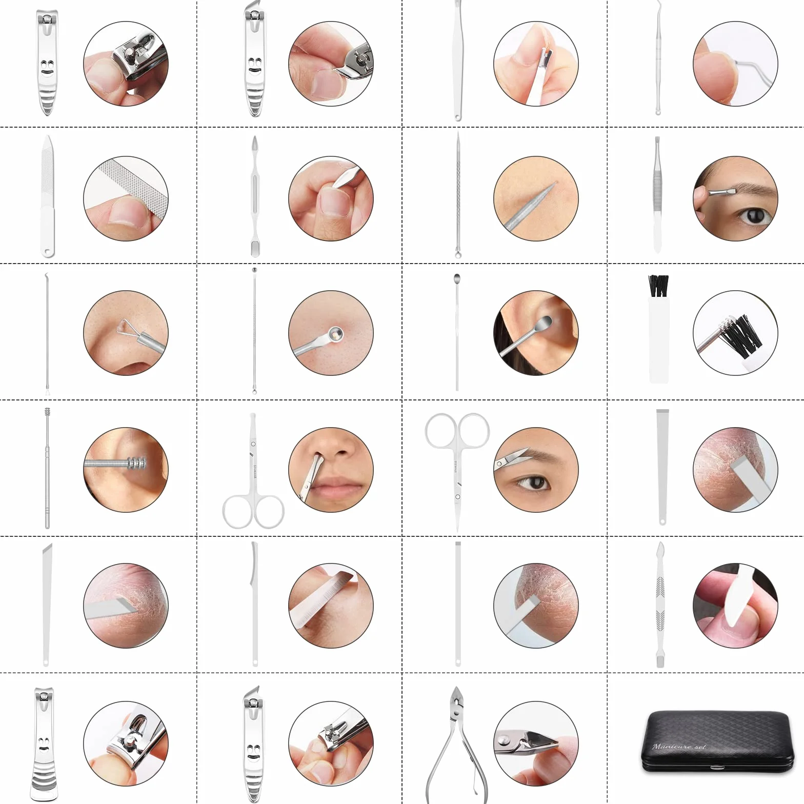 Set de Manicura y Pedicura 23 PCS Acero Inoxidable Profesional Cortaúñas con Estuche de Viaje Cuero Negro/Plata