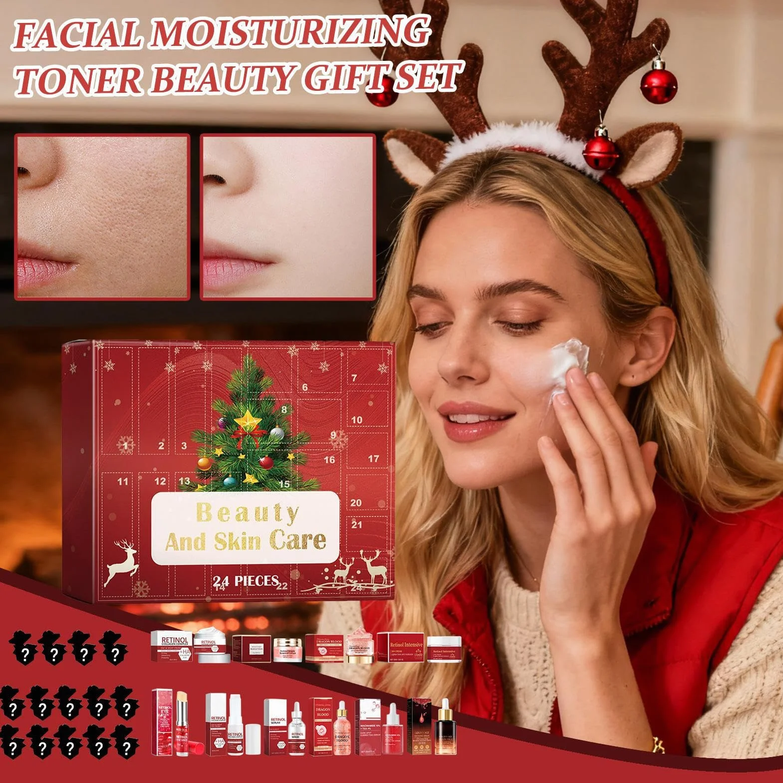 Calendario de Navidad de Adviento – Kit de crema facial para el cuidado de | la piel, juego de belleza navideña para baño diario y rutina corporal, regalo para mujeres y hombres, cumpleaños, Navidad