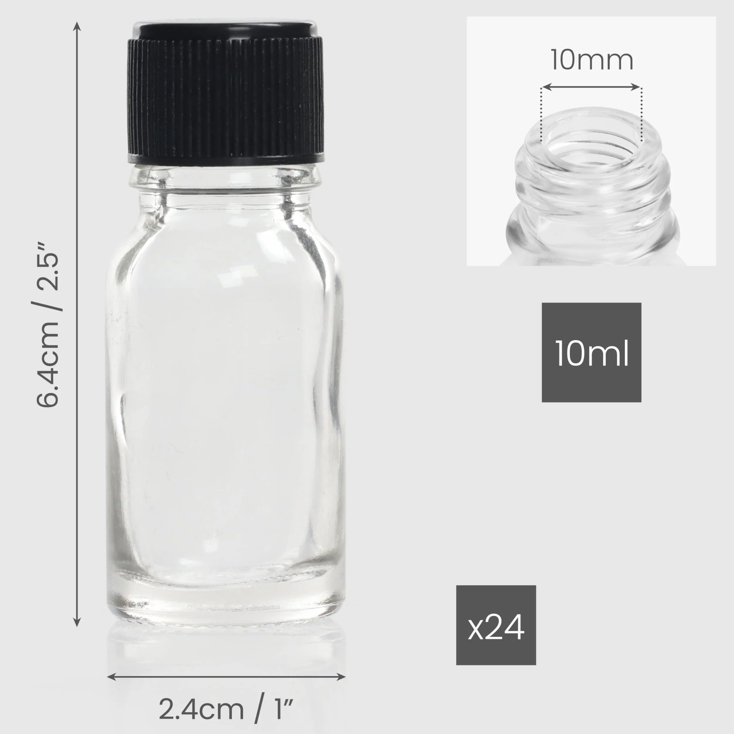 Belle Vous Botellas de Vidrio Transparente 10 ml Pack 24 con Tapa Negra Rosca para Muestras Aceites Esenciales