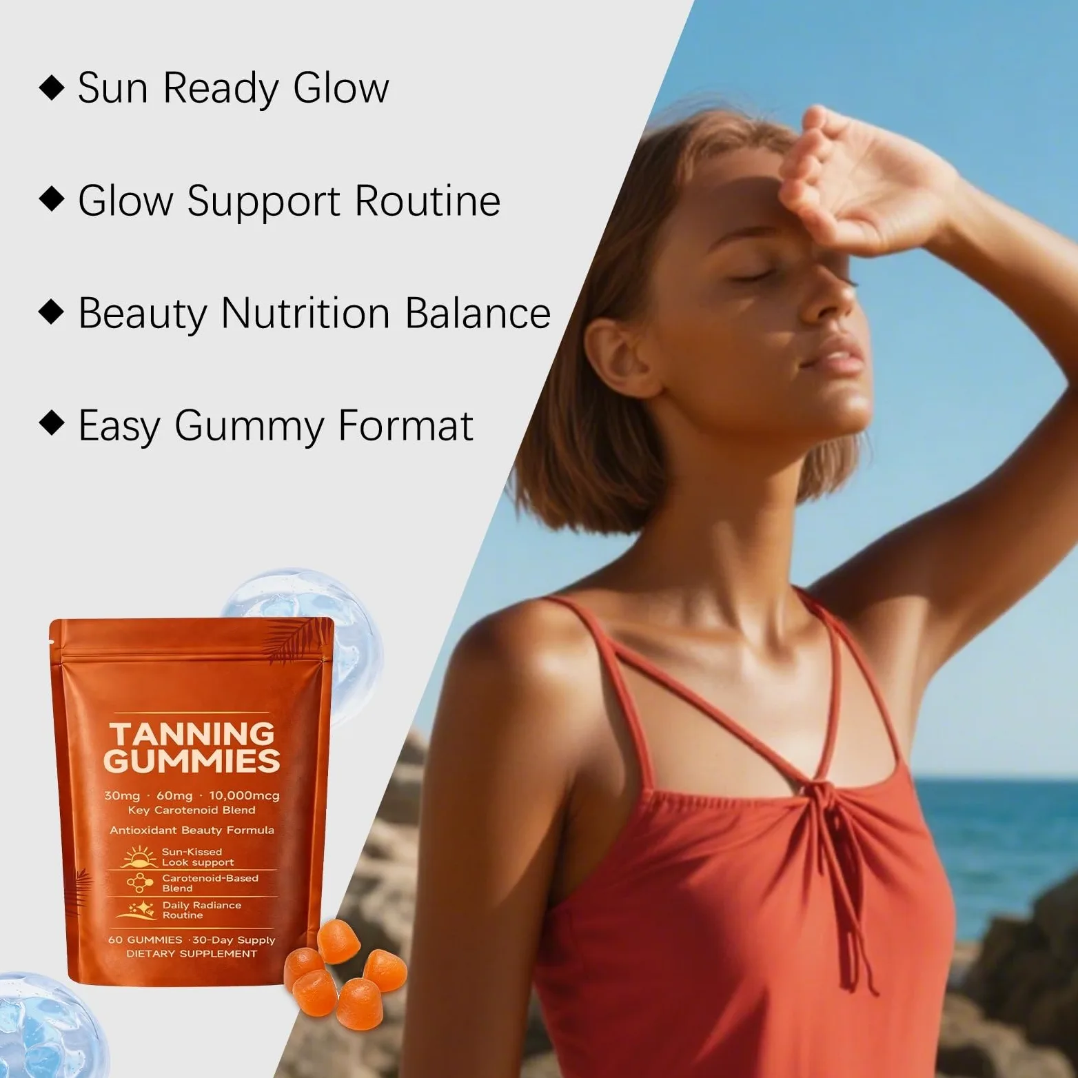 Gummies bronceadoresbronceado rápido sin sol, bronceadores para mujeresmezcla de astaxantina, betacaroteno y licopeno, brillo de la piel e hidratación para un brillo natural,