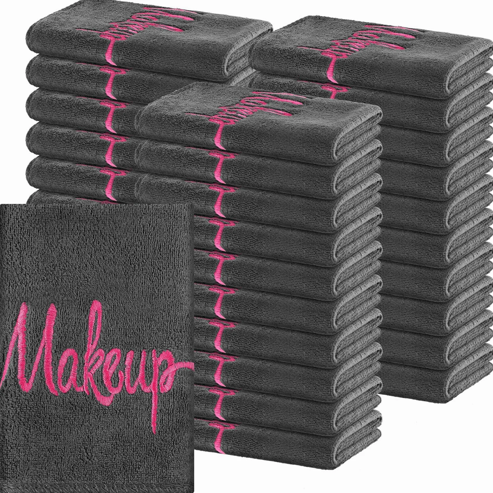 Preboun Paquete de 96 paños desmaquillantes, toallas de maquillaje de 13 x 13 pulgadas, toallas faciales de microfibra suave a granel, paños de maquillaje reutilizables con bordado de maquillaje para