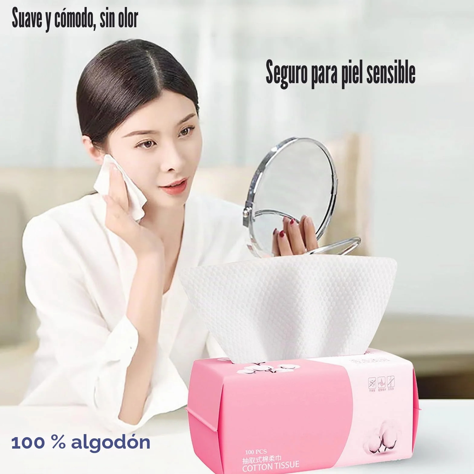 Toallitas limpiadoras faciales 100 piezas, algodón puro, para piel sensible, desmaquillantes desechables