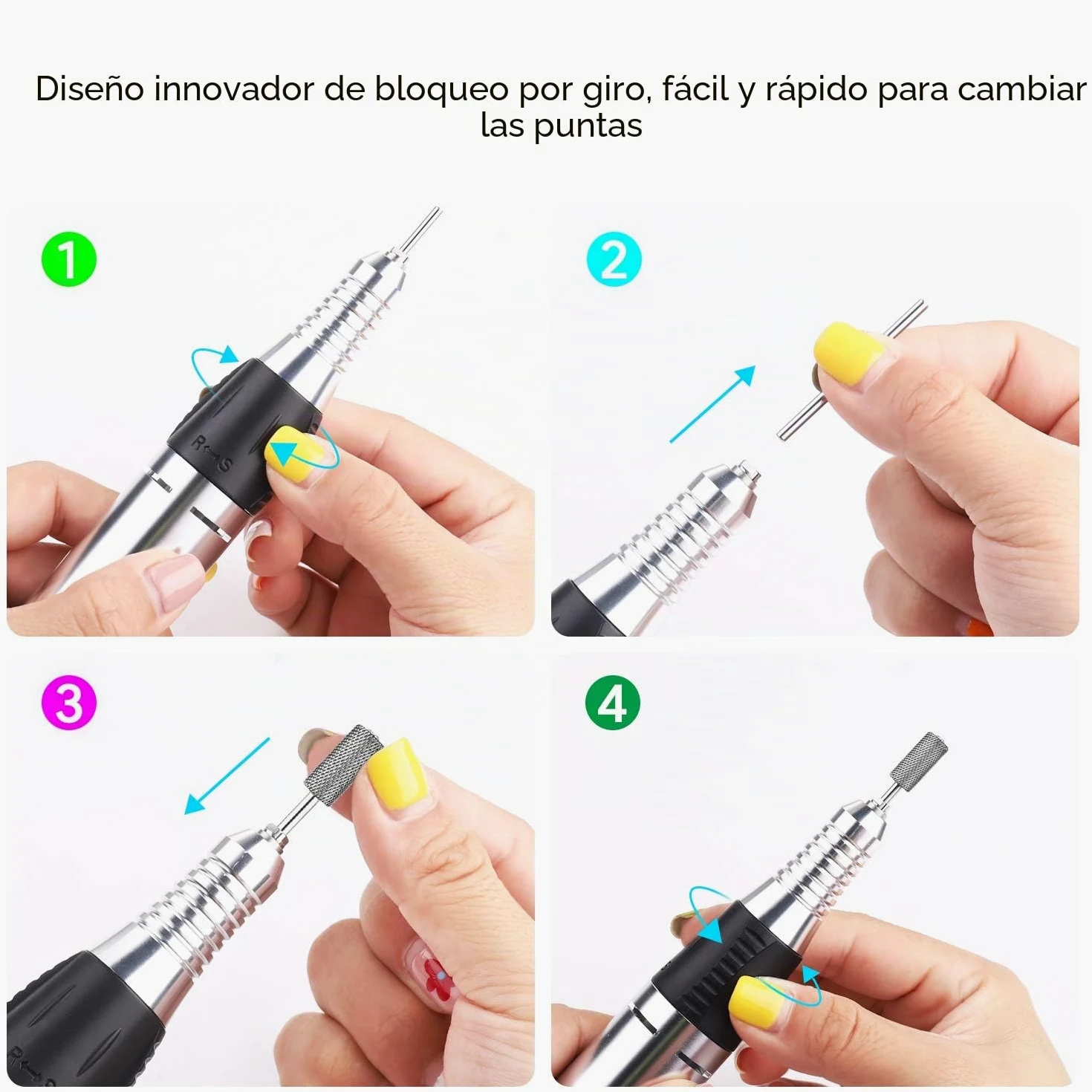 JSDA Torno para uñas profesional,lima electrica uñas, 30000 RPM, fresa de carburo de tungsteno, potente, silencioso, baja vibración, Incl. cuatro brocas y un broca de carburo premium