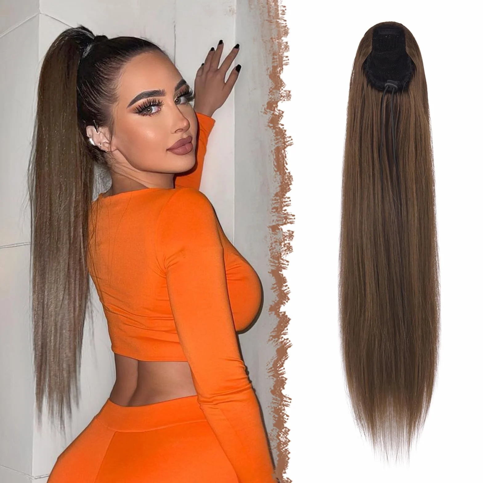 FESHFEN Coleta Postiza Pelo Liso 60 cm Cola de Caballo Extension Sintética para Mujeres Marrón Musgo