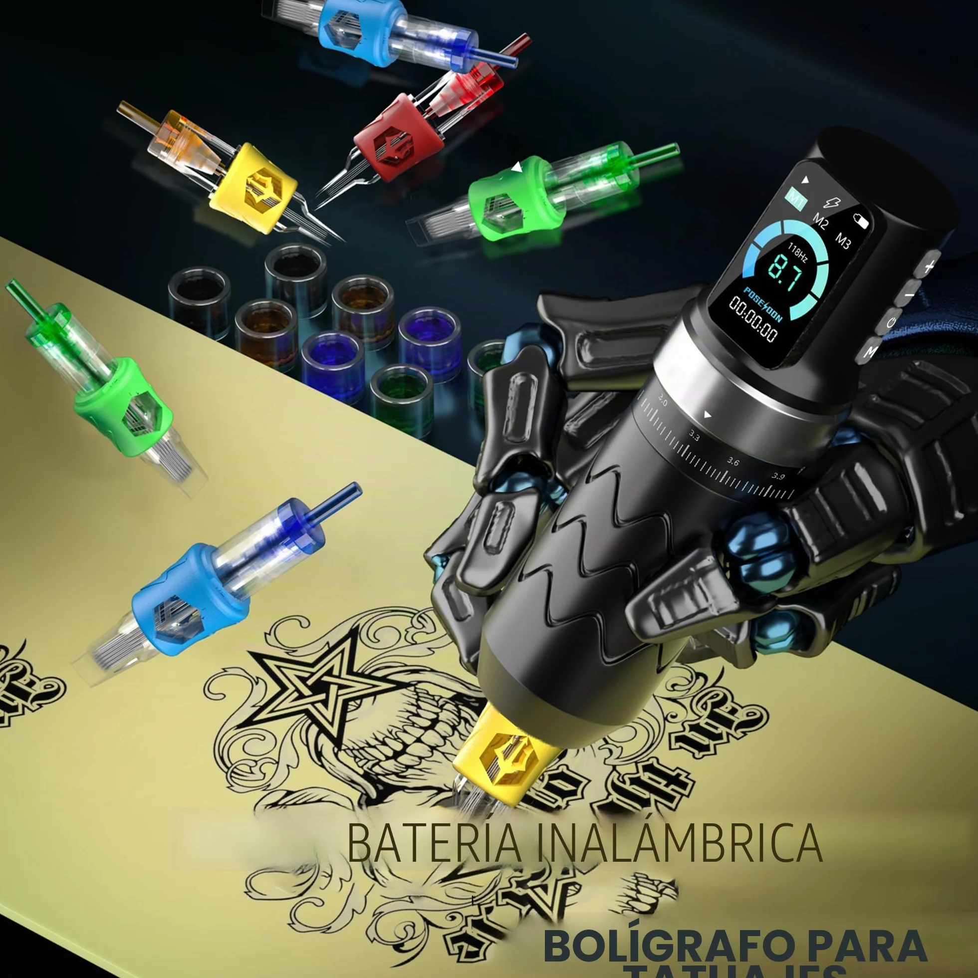 Kit de máquina de tatuaje inalámbrica POSEIDON con 7 ajustes de hub, dos baterías de 2300 mAh, modo normal/punteado y pantalla LED - Dispositivo de tatuaje inalámbrico profesional para principiantes