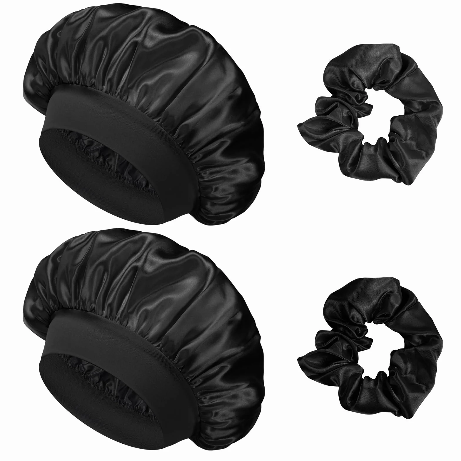 Flintronic 2 Piezas Capó de Satén de Seda, Gorro de Seda para Dormir con Banda Ancha Elástica, Negro